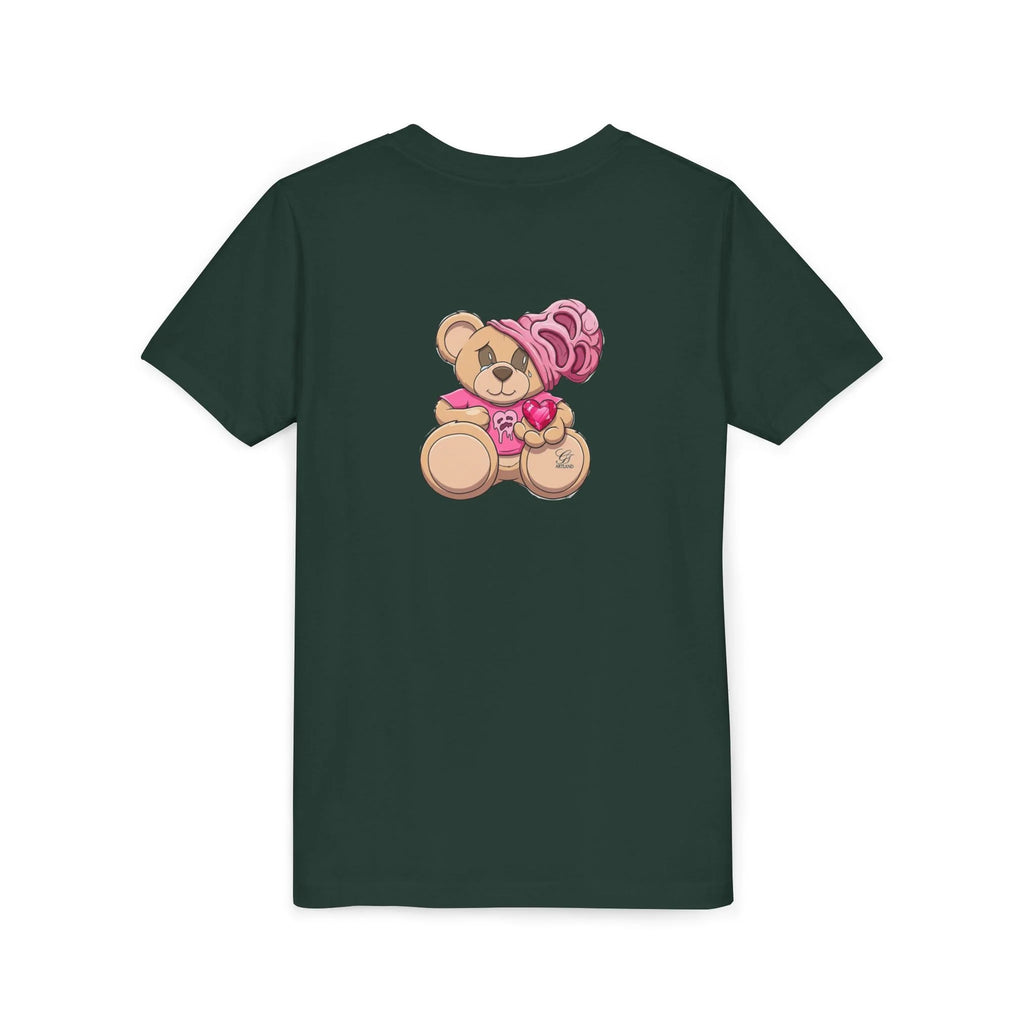 Pink Teddy Bear Holding Heart Youth Tee | Cute Bear Graphic by GT Artland