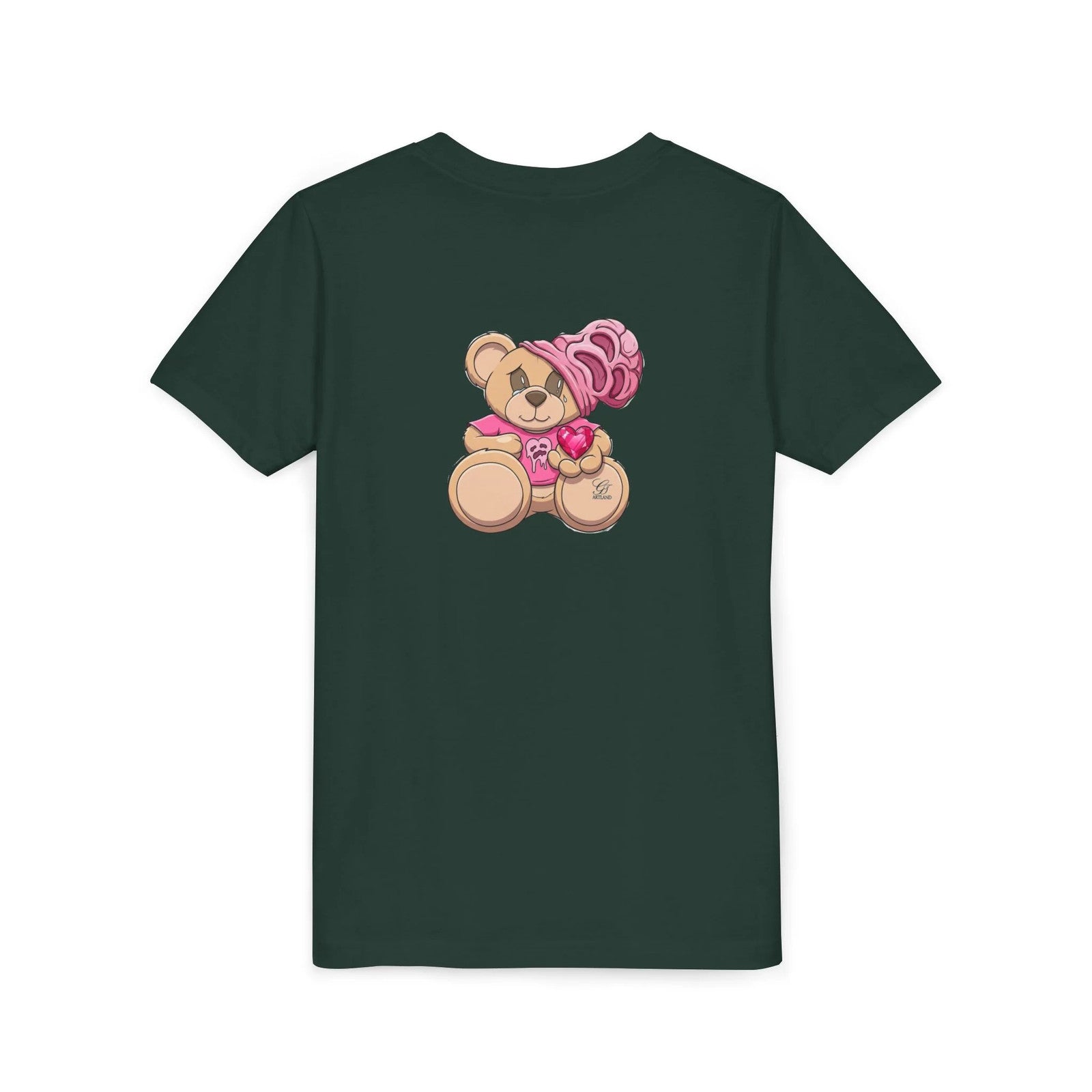 Pink Teddy Bear Holding Heart Youth Tee | Cute Bear Graphic by GT Artland