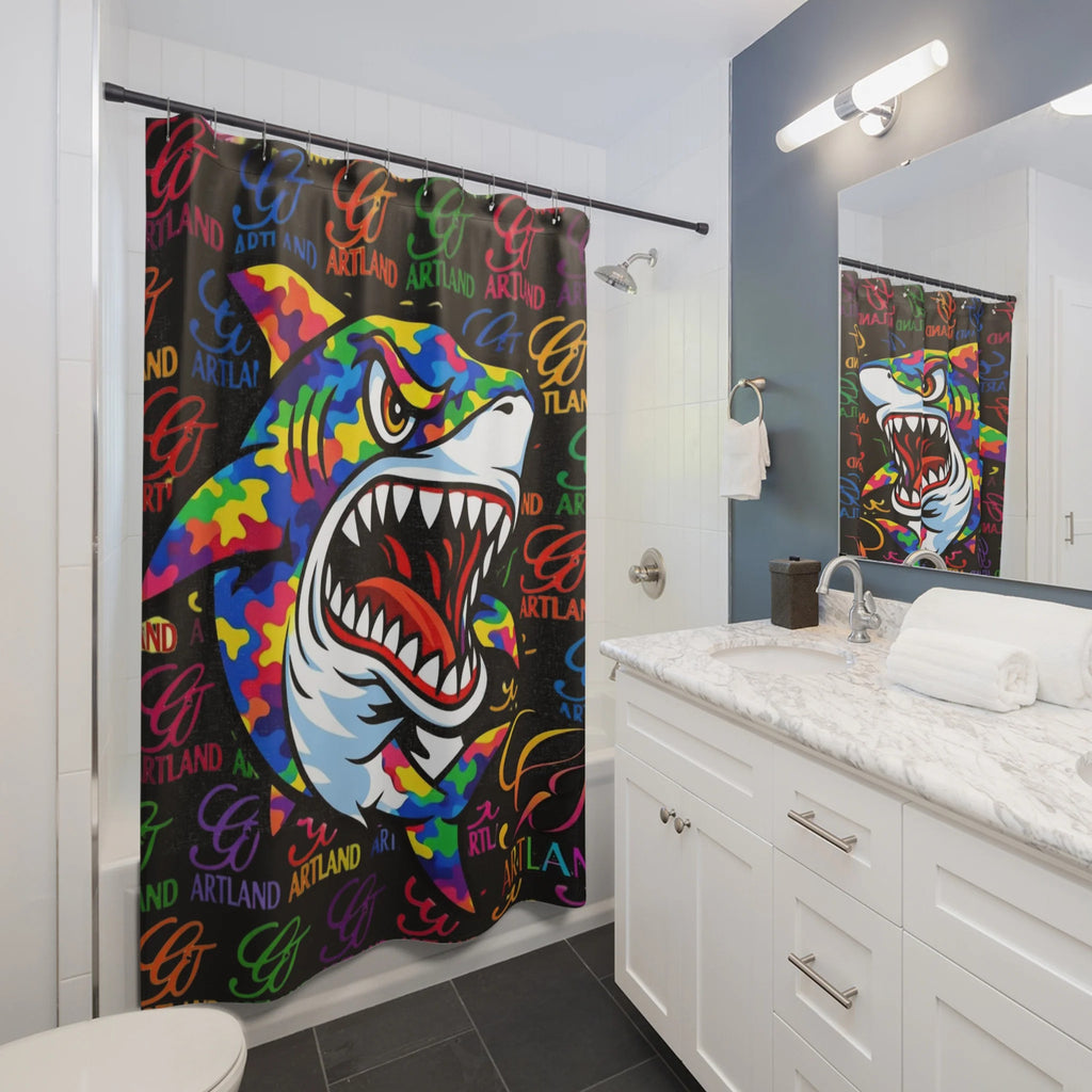 Colorful Graffiti Shark GT Urban Designer Shower Curtain | Rainbow Pop Art