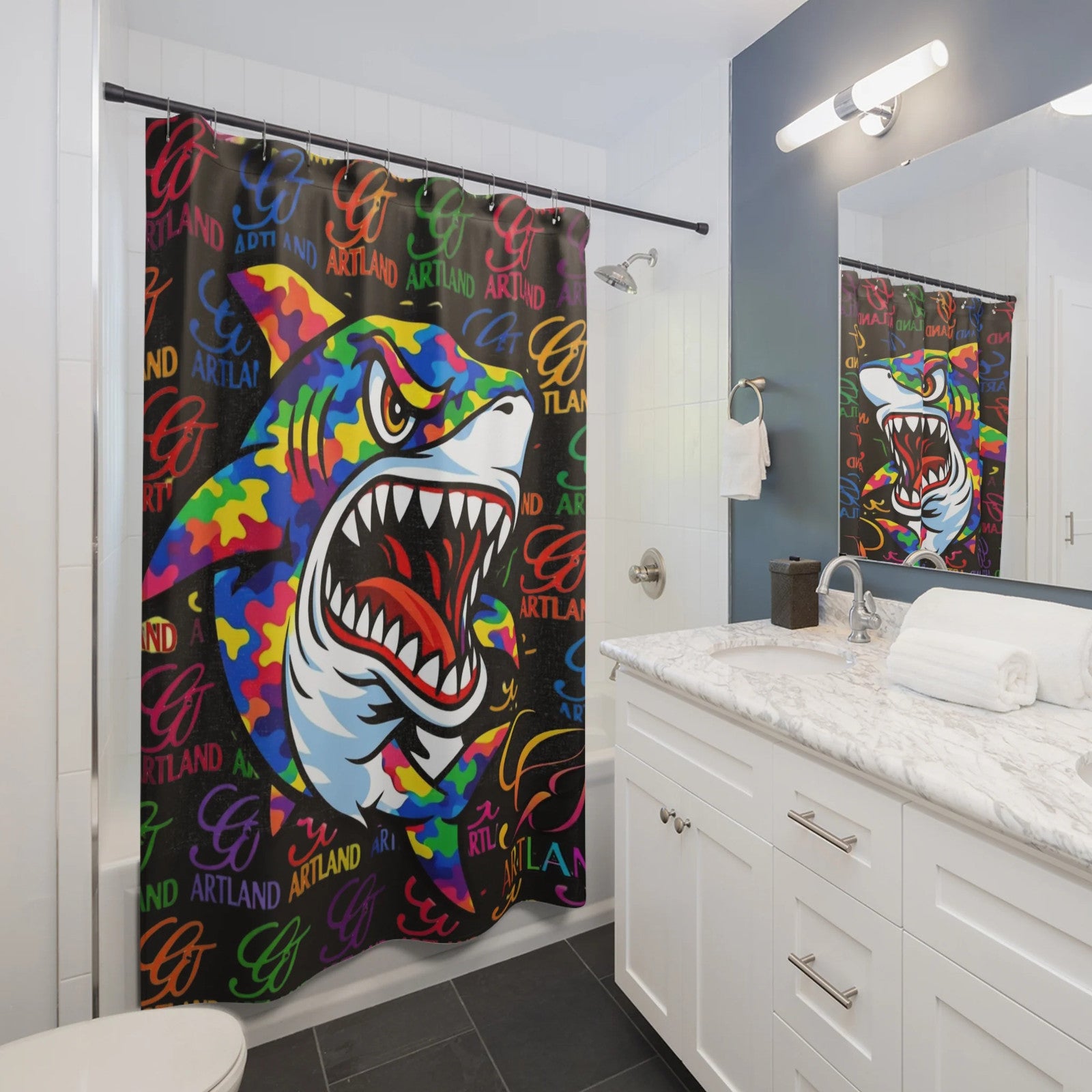 Colorful Graffiti Shark GT Urban Designer Shower Curtain | Rainbow Pop Art