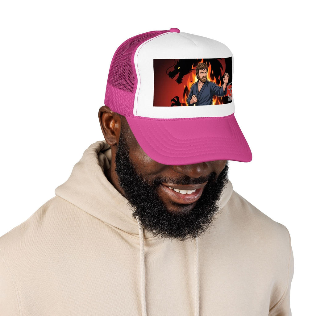 Martial Artist Chuck Norris Flames Foam Trucker Hat | Dragon Silhouette Panel