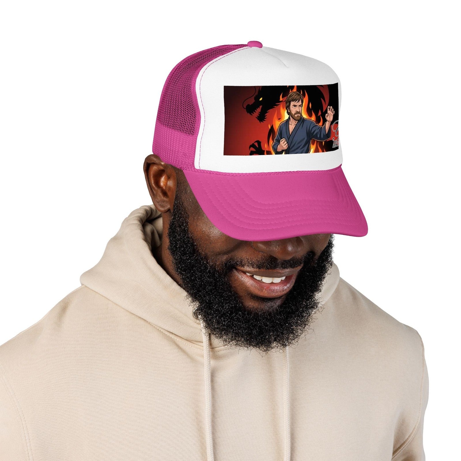 Martial Artist Chuck Norris Flames Foam Trucker Hat | Dragon Silhouette Panel