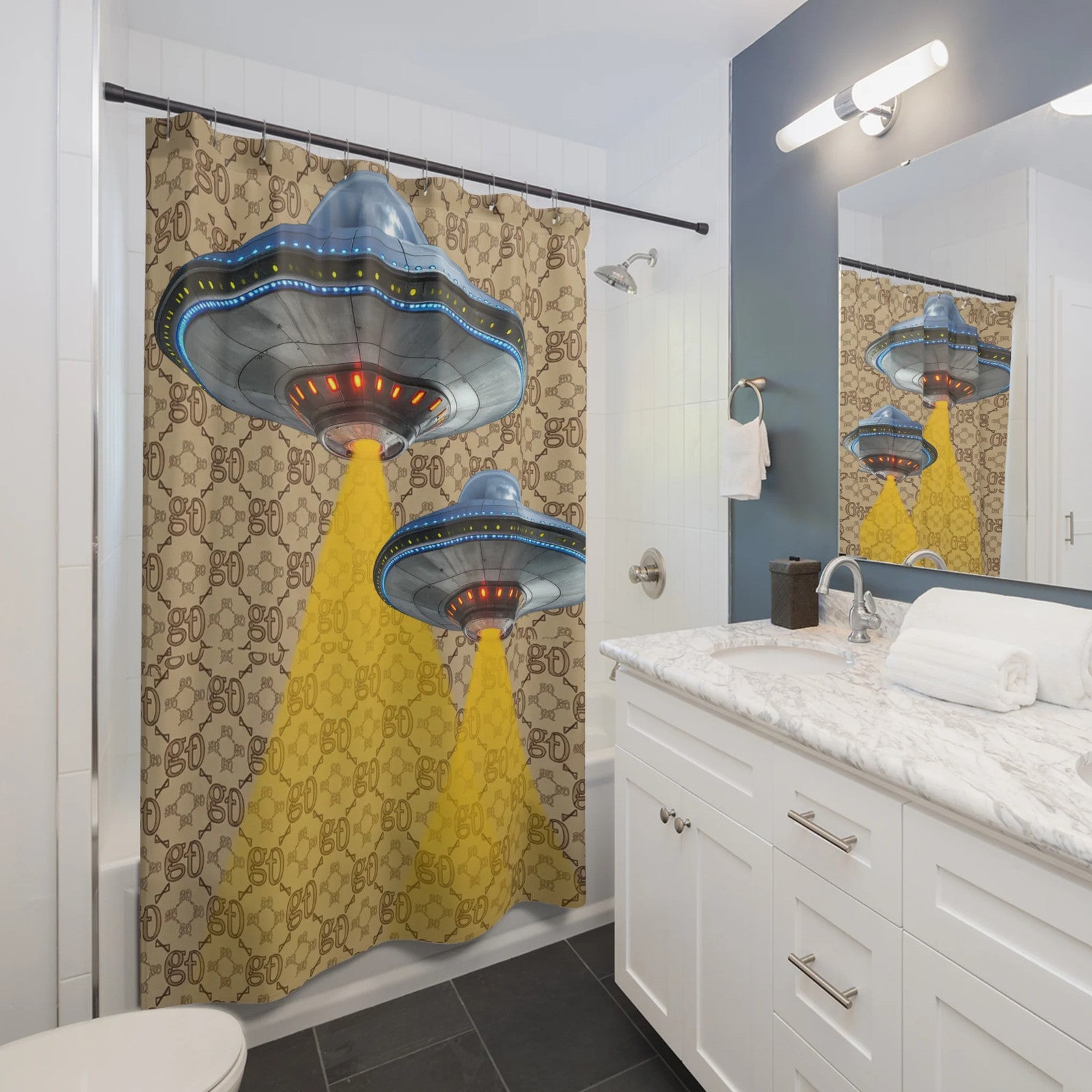 UFO Abduction Shower Curtain Bathroom Decor by GT Artland