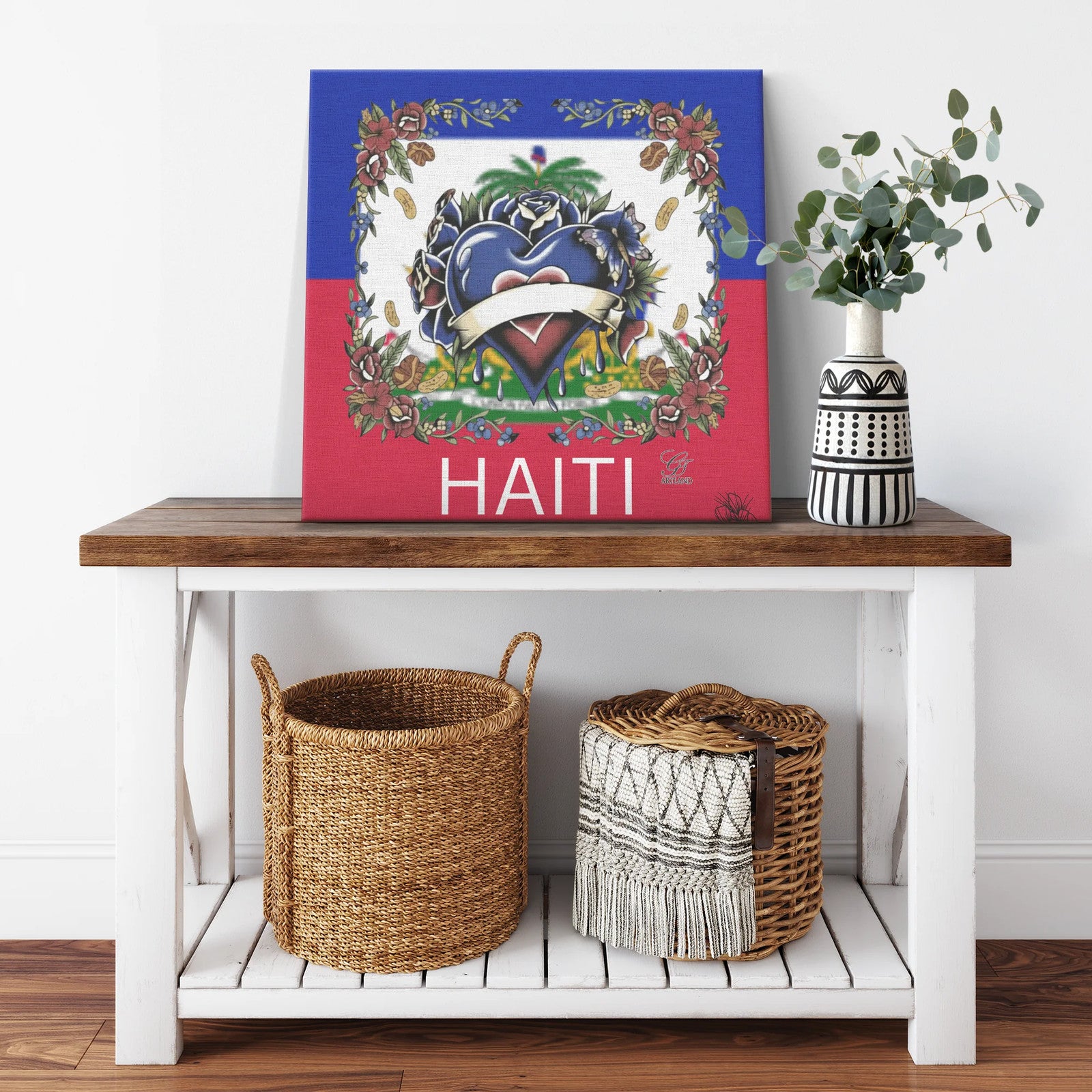 Haiti Flag Hearts and Roses Luxury Style Designer Square Canvas Wrap by GT