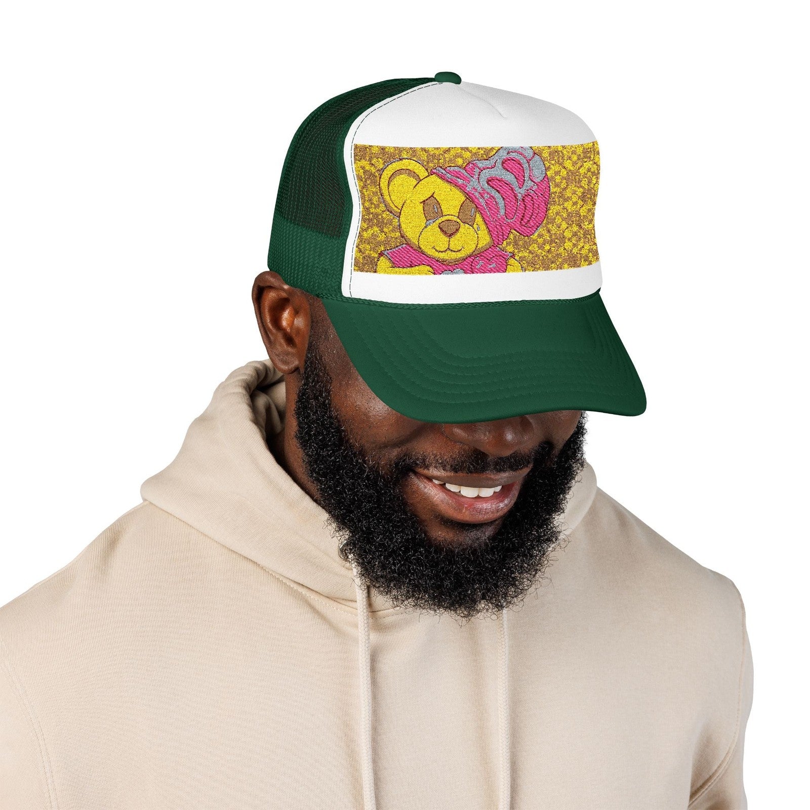 Yellow Teddy with Pink Beanie Trucker Hat | Sparkle Sequin Patch by GT Artland