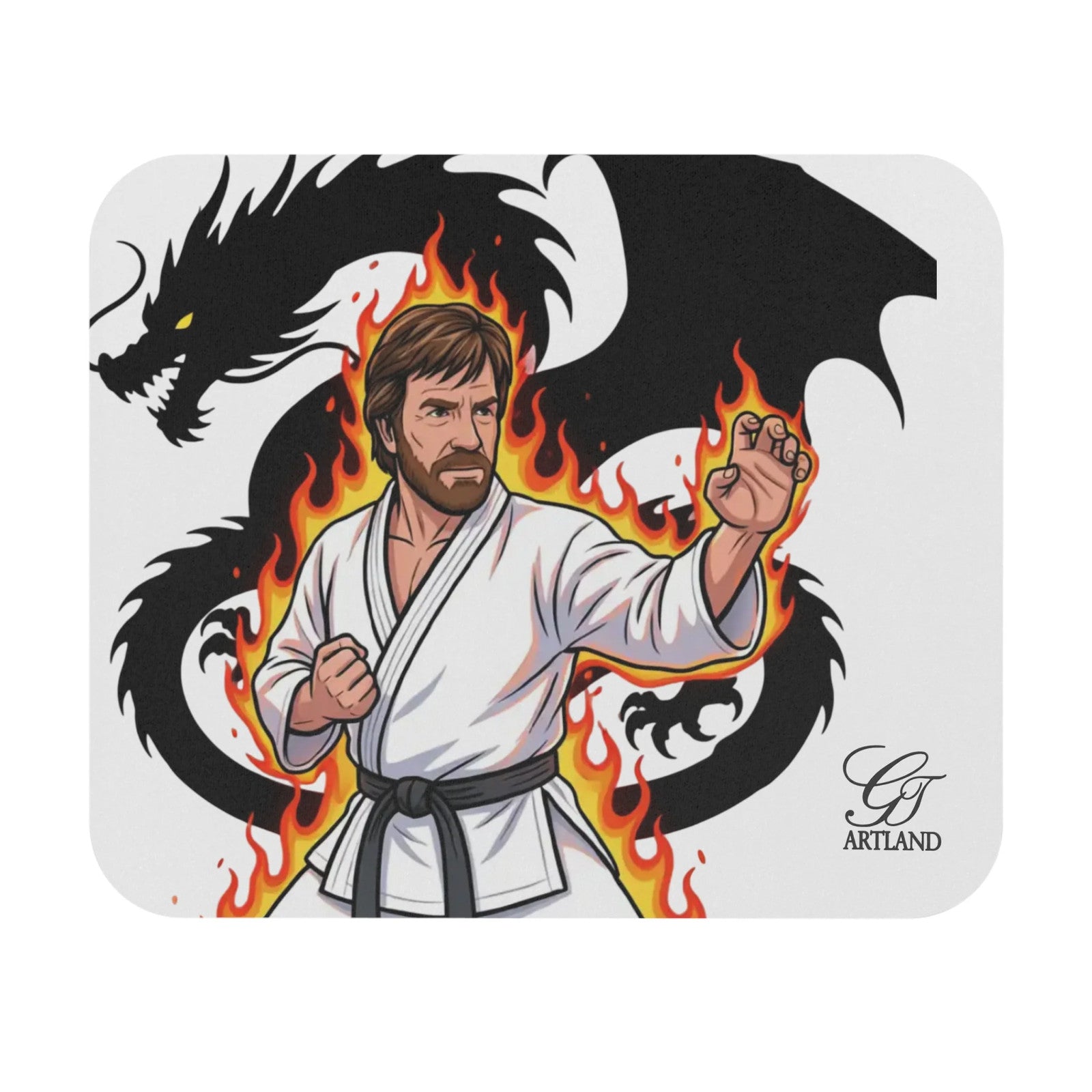 Martial Artist Chuck Norris with Dragon Flames Mouse Pad | Karate Dragon Desk