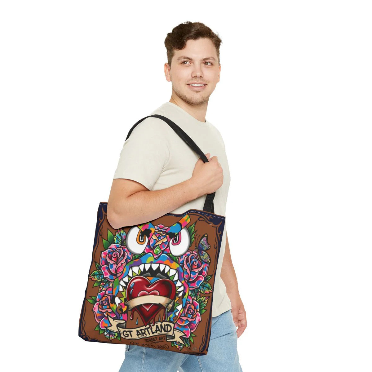 Colorful Gape Tattoo Monster Heart Tote Bag Designer Ebony Edition | All-Over