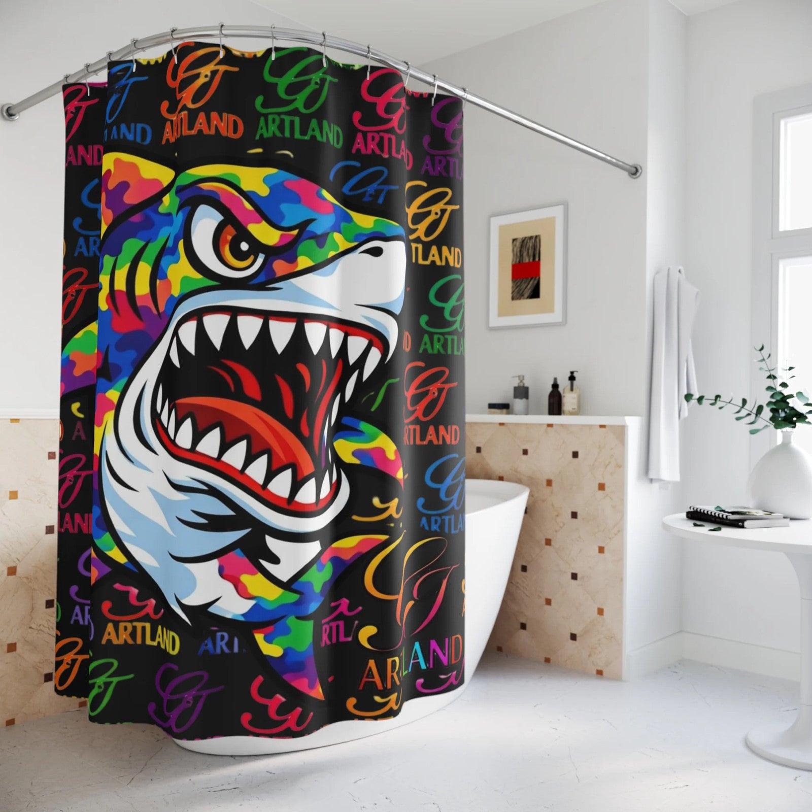 Colorful Graffiti Shark GT Urban Designer Shower Curtain | Rainbow Pop Art