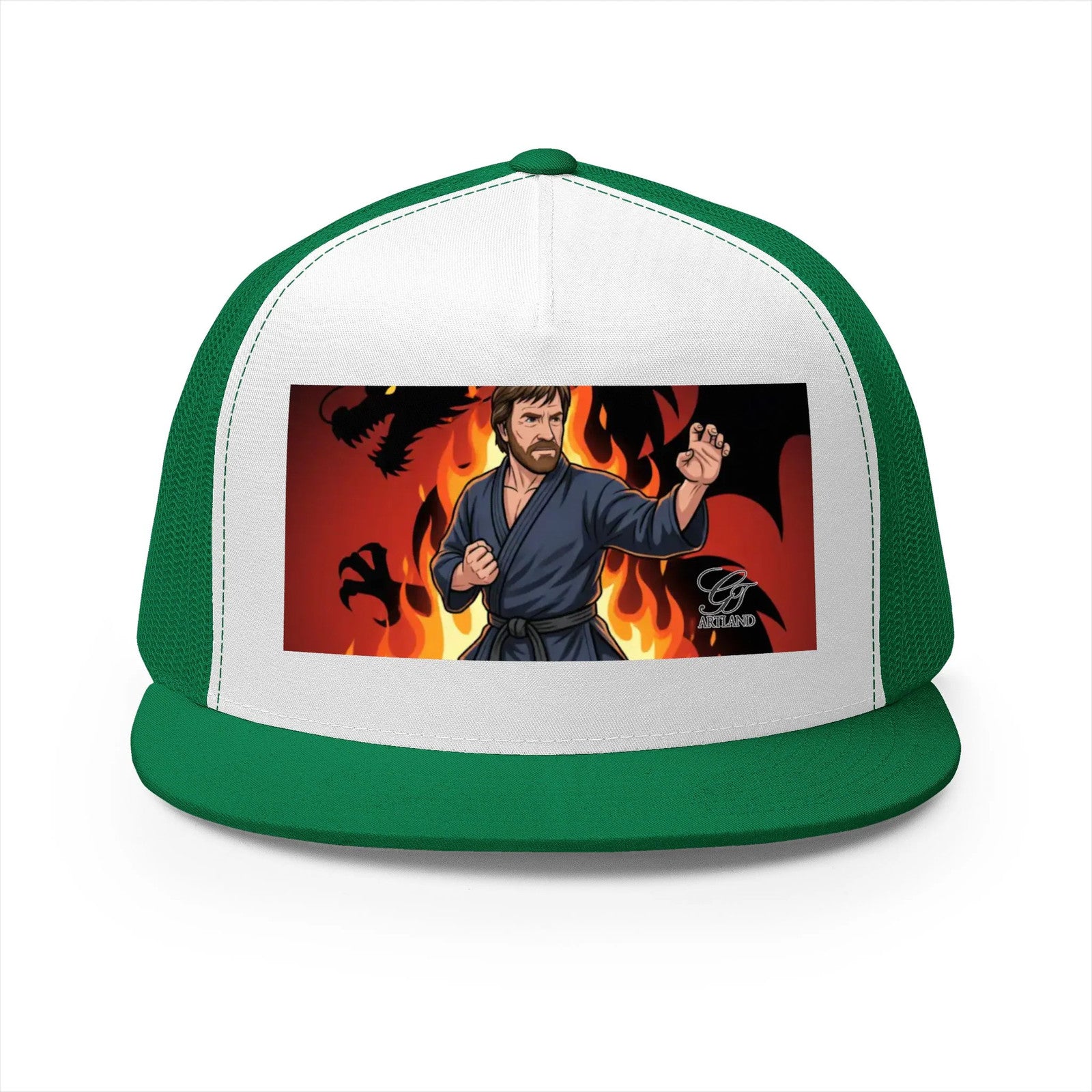 Martial Artist Chuck Norris Flames Trucker Cap | Karate Fighter Illustration,