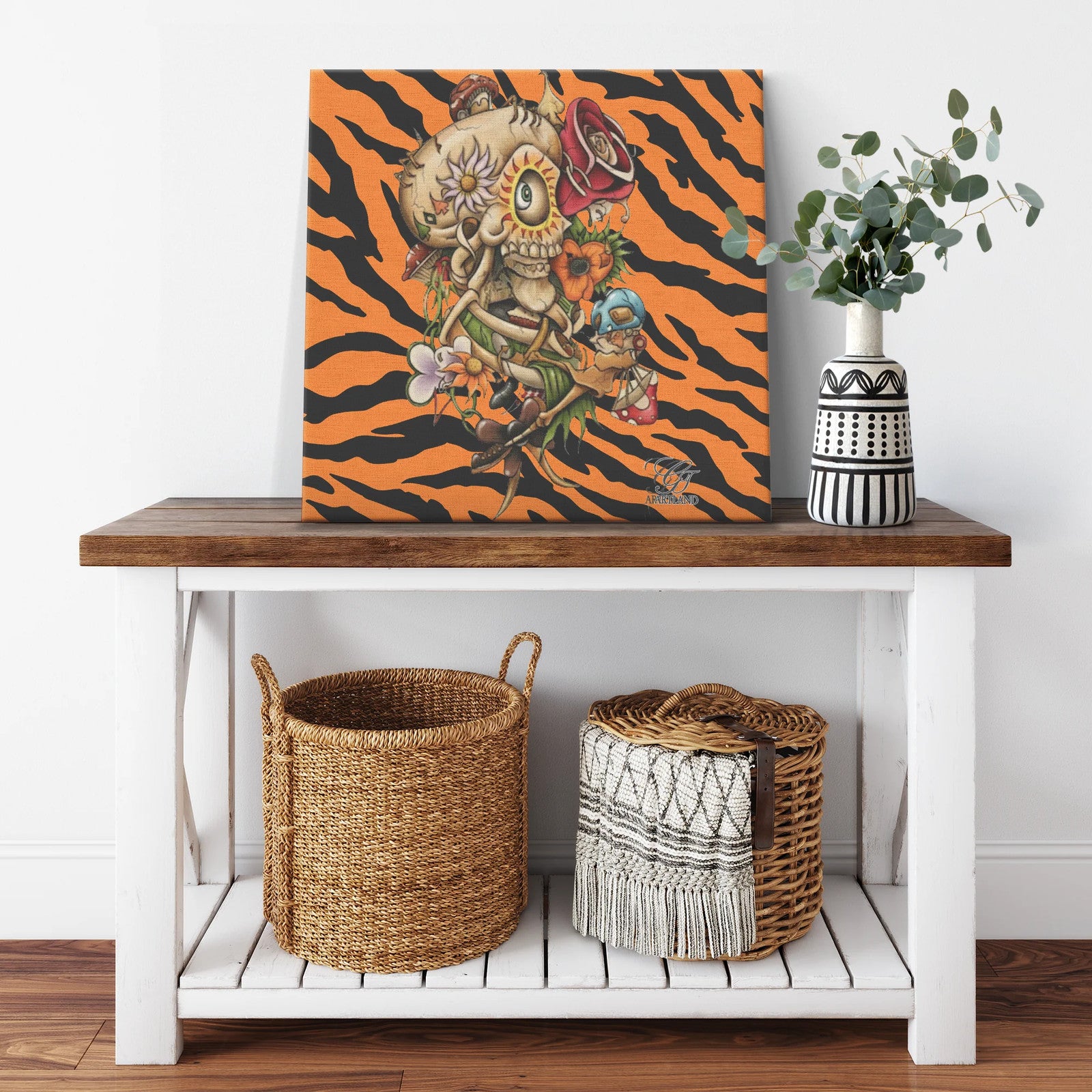 Candy Skull Tiger Crush Square with Rose Canvas Wrap by GT Artland