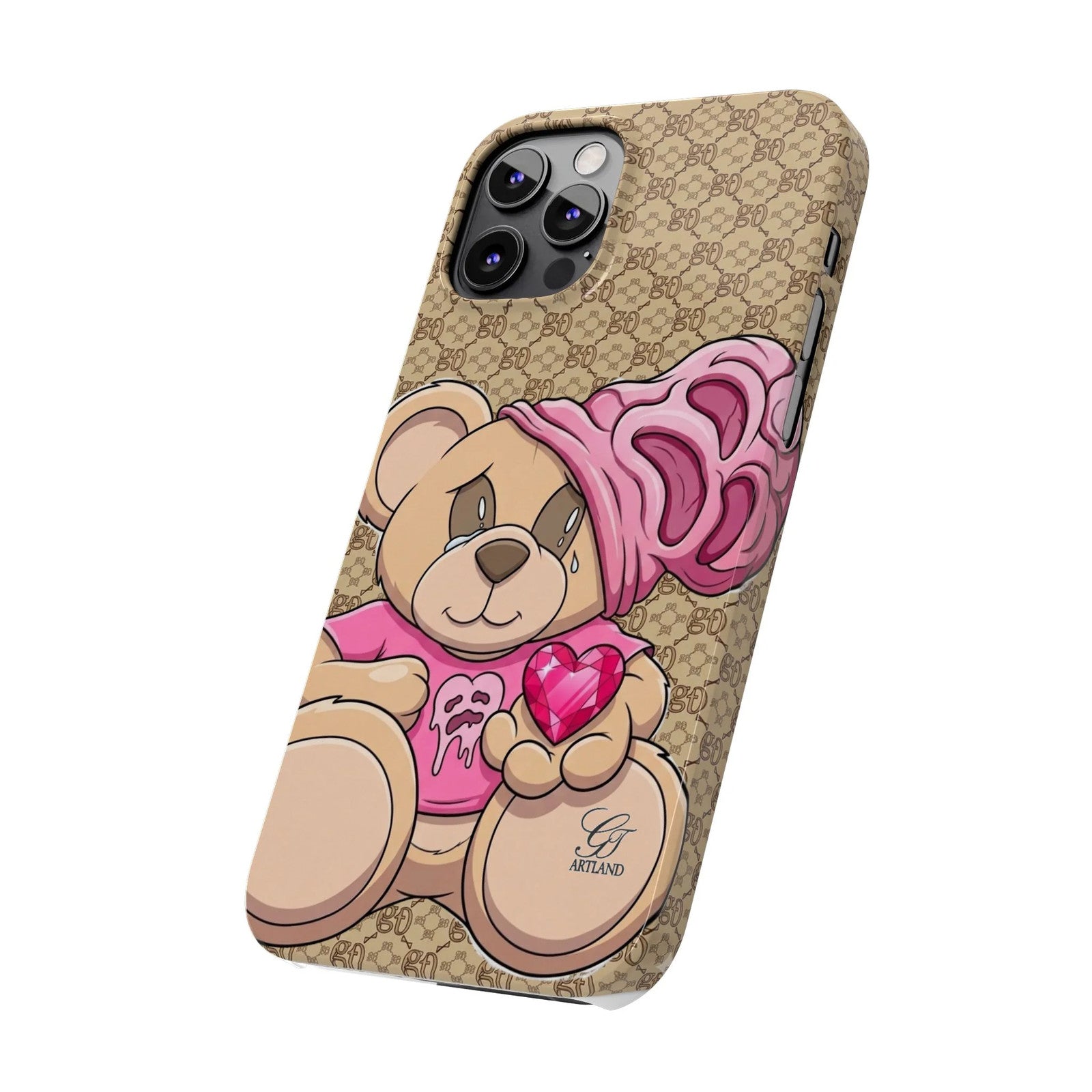 Pink Heart Teddy Bear Slim Phone Case | Designer Monogram Background by GT