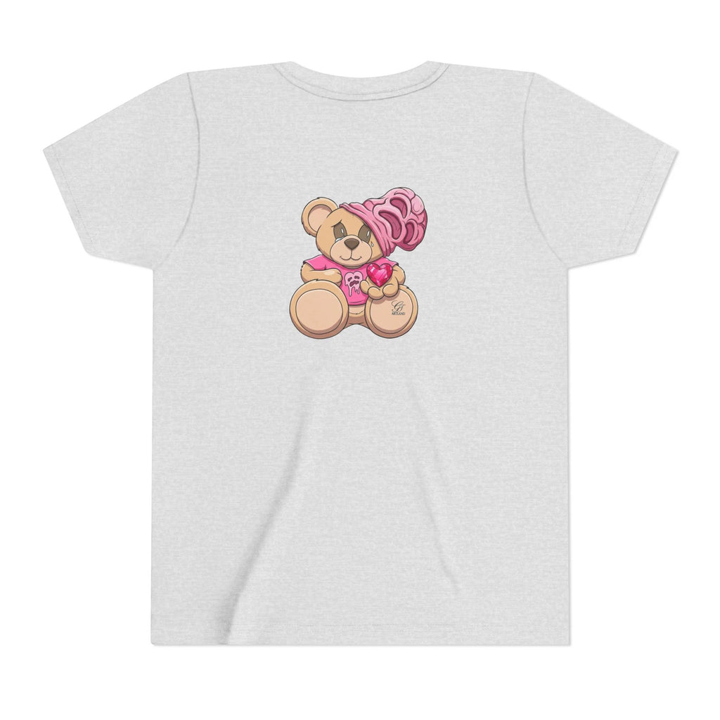 Pink Teddy Bear Holding Heart Youth Tee | Cute Bear Graphic by GT Artland