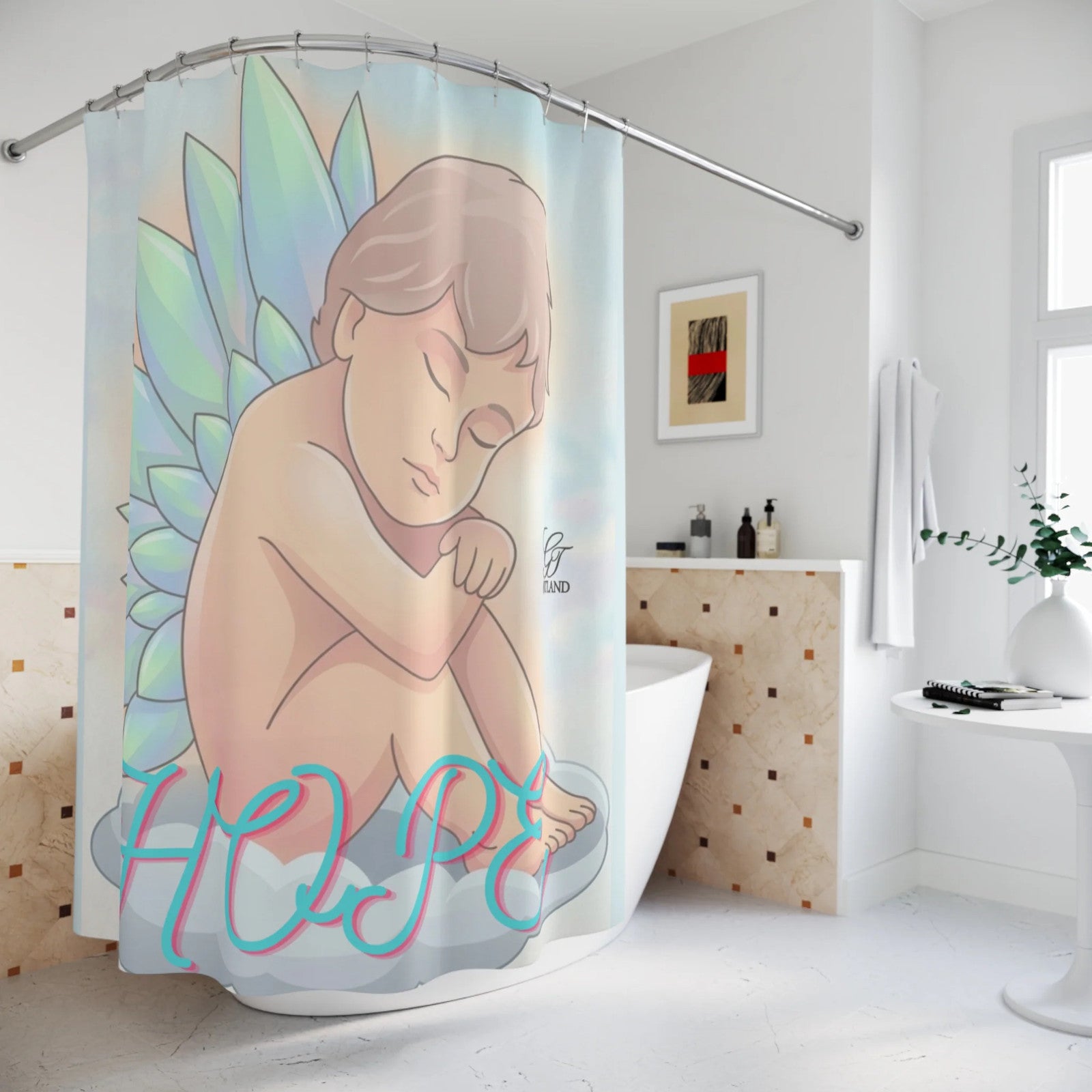 Sleeping Angel HOPE Shower Curtain | Pastel Wings Bathroom Decor by GT Artland