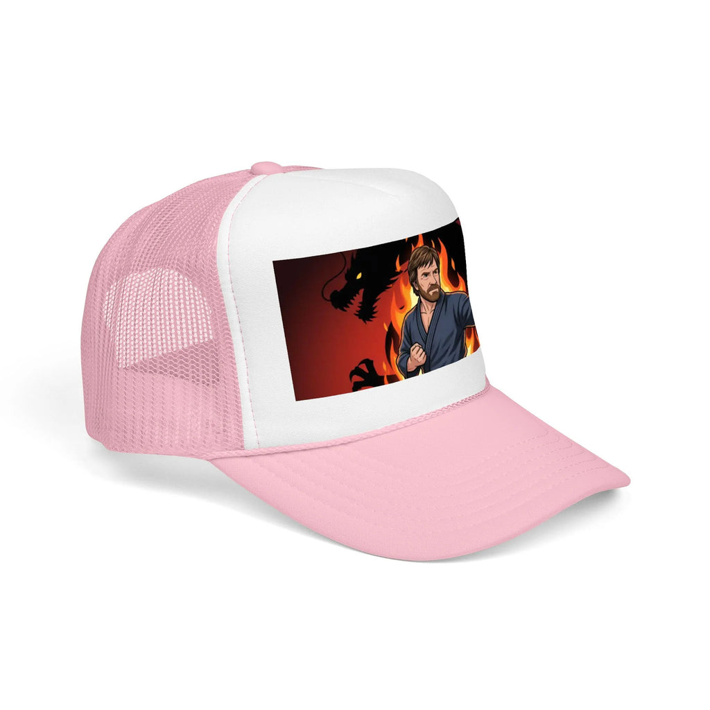 Martial Artist Chuck Norris Flames Foam Trucker Hat | Dragon Silhouette Panel