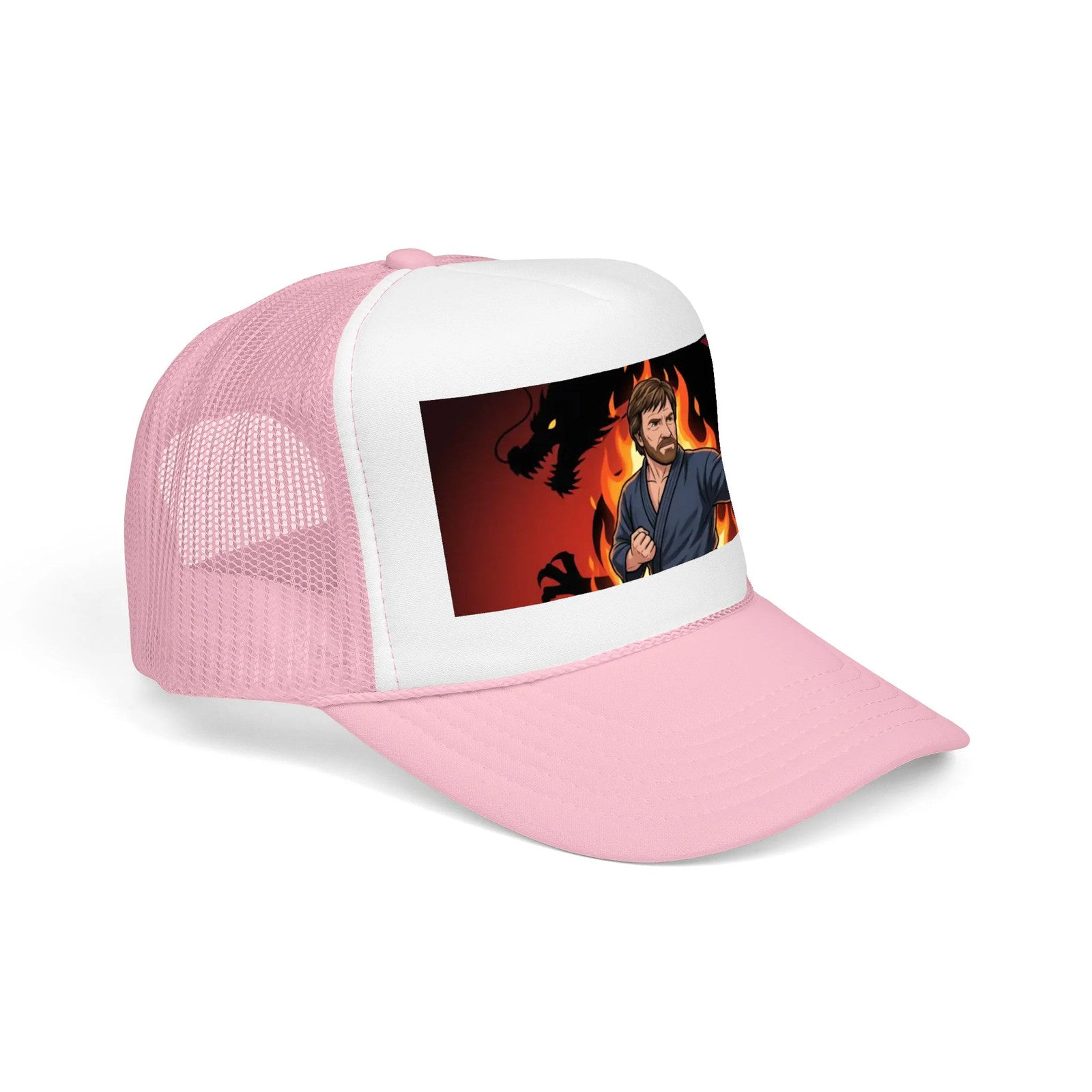 Martial Artist Chuck Norris Flames Foam Trucker Hat | Dragon Silhouette Panel