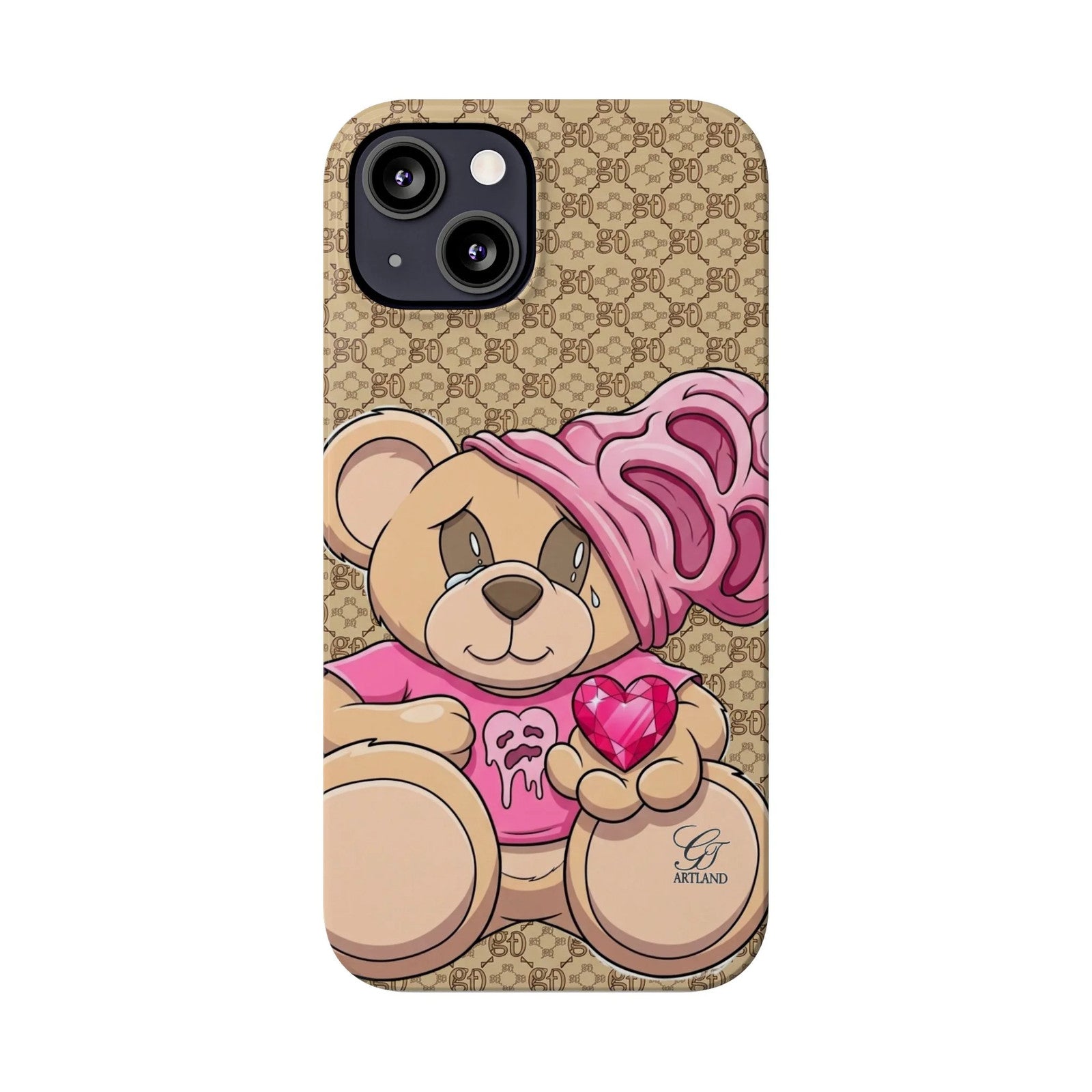 Pink Heart Teddy Bear Slim Phone Case | Designer Monogram Background by GT