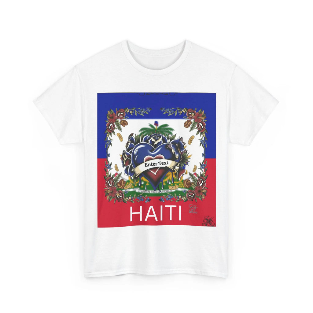 Haiti Flag Love Hearts and Roses Designer Unisex Heavy Cotton Tee by GT Artland