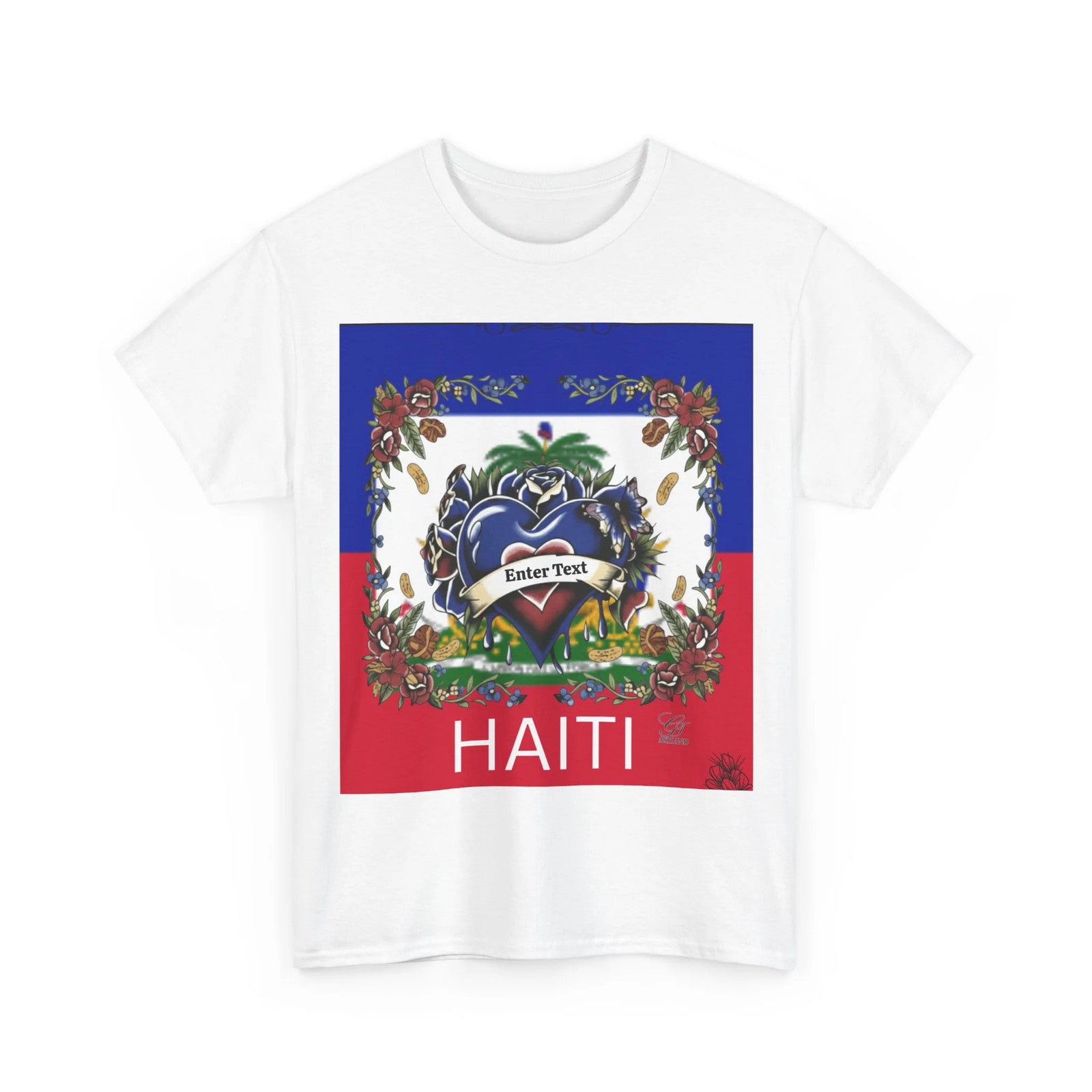 Haiti Flag Love Hearts and Roses Designer Unisex Heavy Cotton Tee by GT Artland