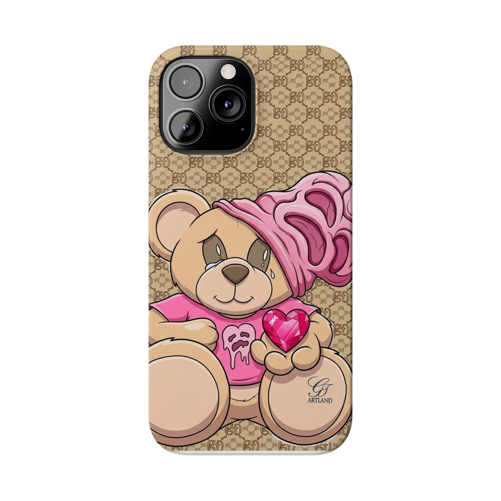 Pink Heart Teddy Bear Slim Phone Case | Designer Monogram Background by GT