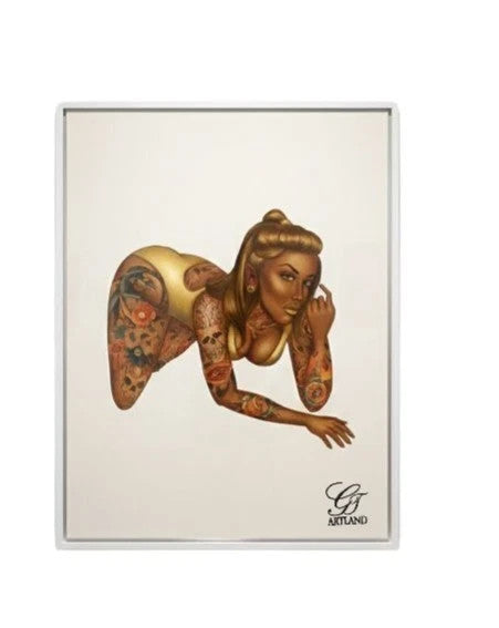 Hot Sexy Chick With Tats Ebony Gold Colored Shaded Print Signed