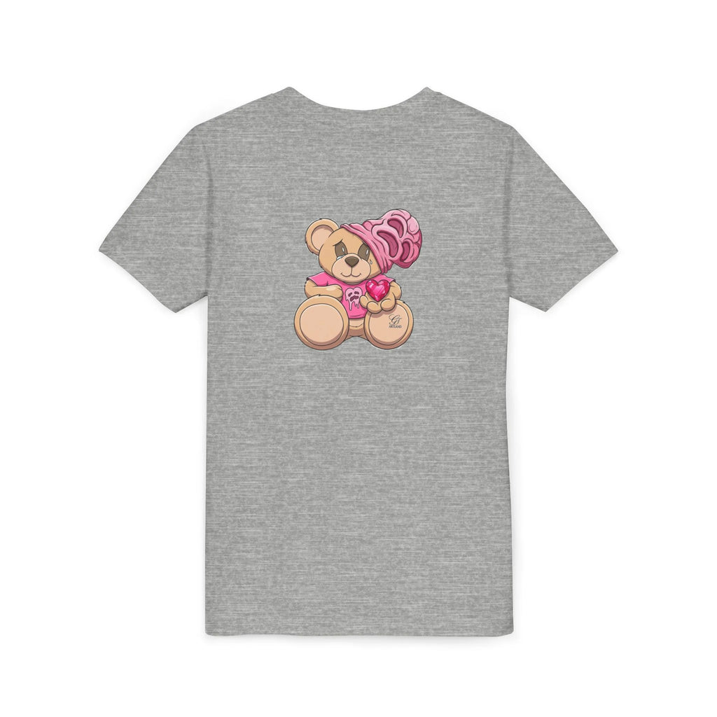 Pink Teddy Bear Holding Heart Youth Tee | Cute Bear Graphic by GT Artland