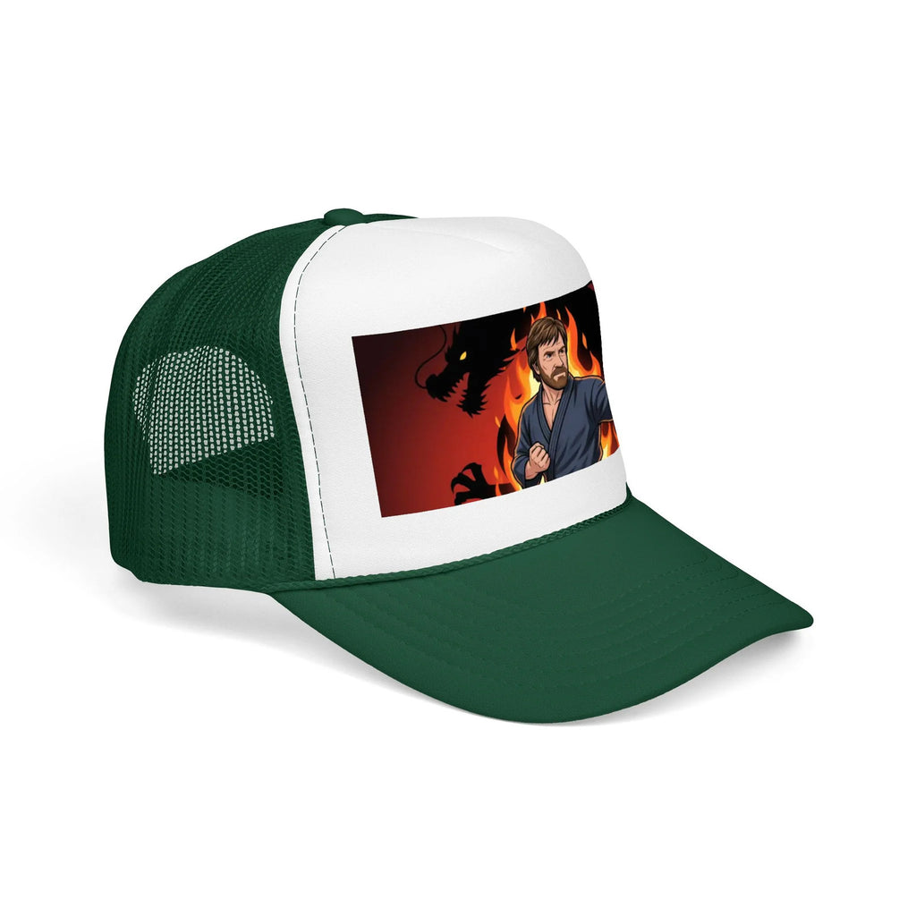 Martial Artist Chuck Norris Flames Foam Trucker Hat | Dragon Silhouette Panel