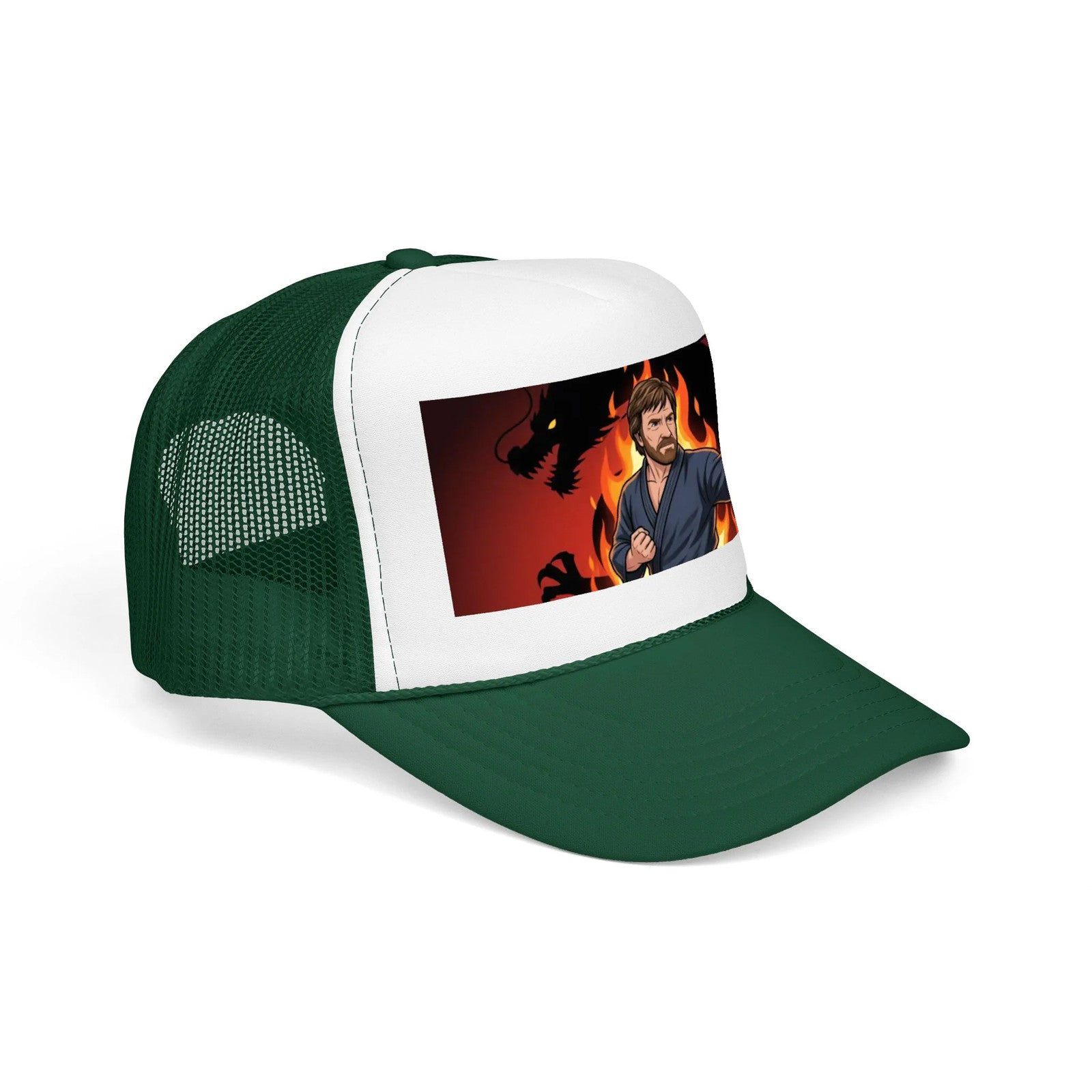 Martial Artist Chuck Norris Flames Foam Trucker Hat | Dragon Silhouette Panel