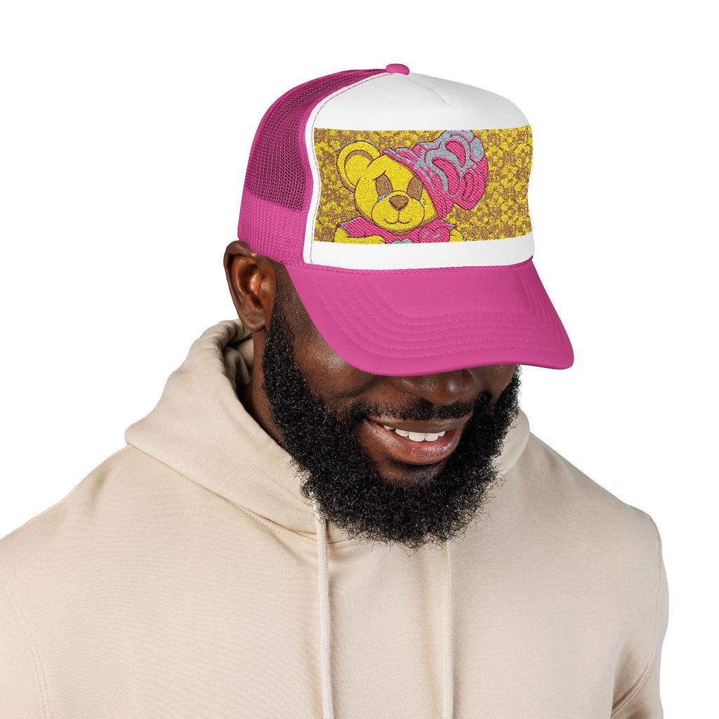 Yellow Teddy with Pink Beanie Trucker Hat | Sparkle Sequin Patch by GT Artland