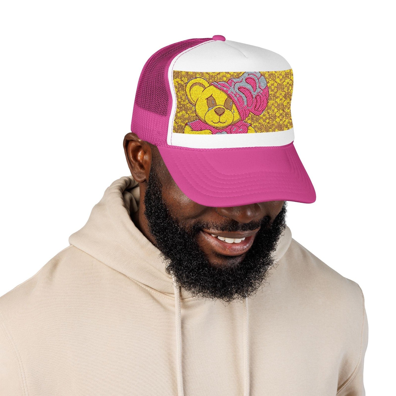 Yellow Teddy with Pink Beanie Trucker Hat | Sparkle Sequin Patch by GT Artland