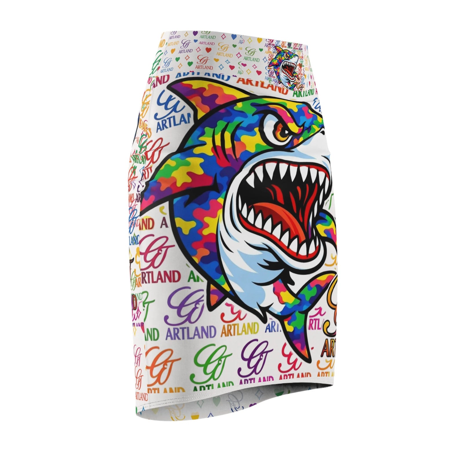 Colorful Designer Killa Shark Graphic Pencil Skirt | Rainbow Pop Art Pattern by