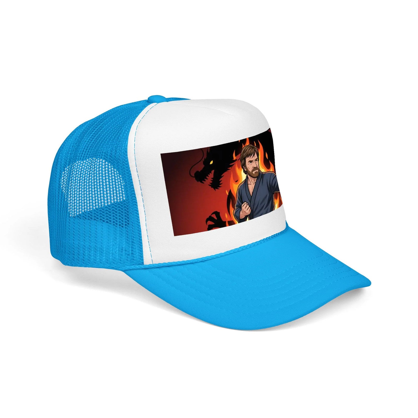 Martial Artist Chuck Norris Flames Foam Trucker Hat | Dragon Silhouette Panel