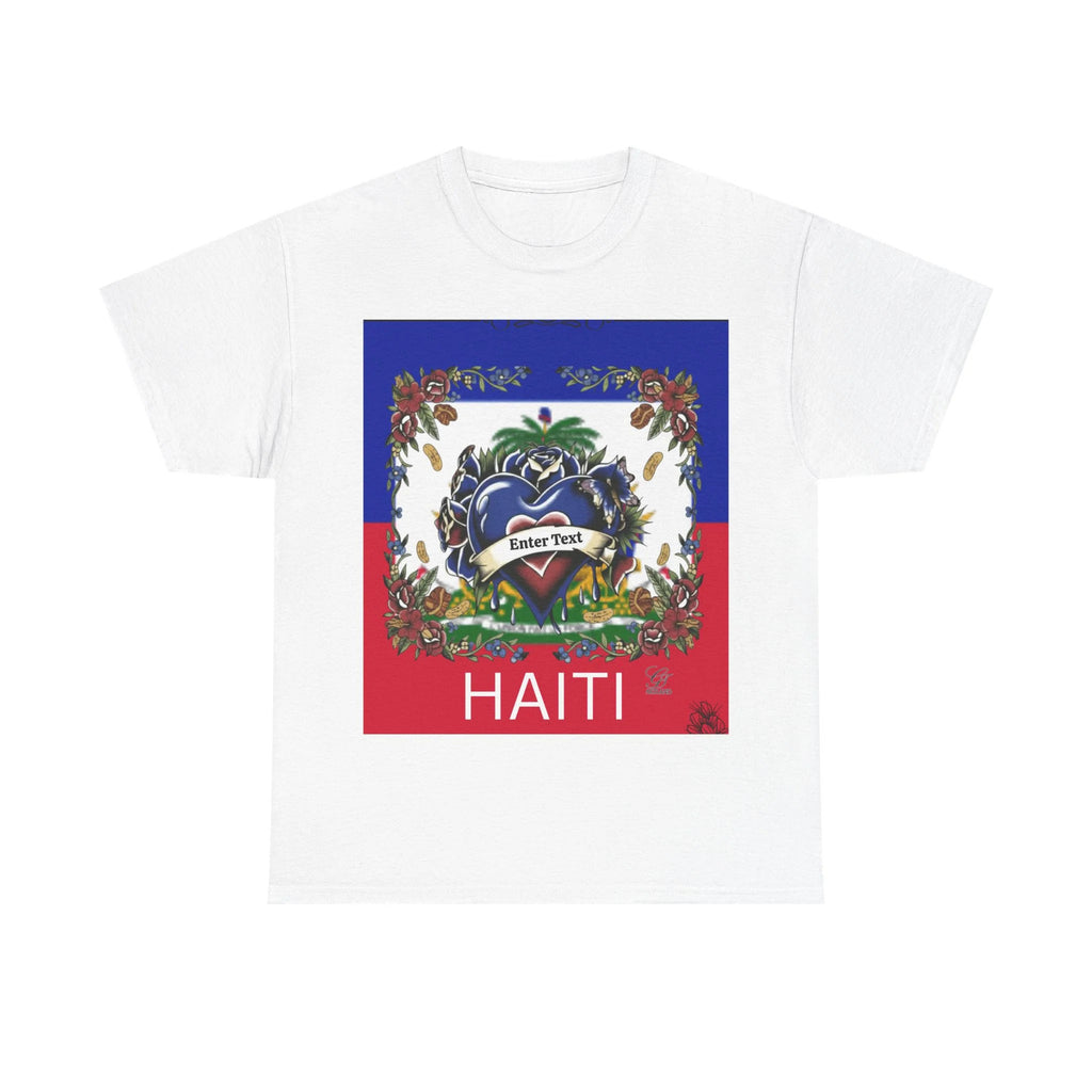 Haiti Flag Love Hearts and Roses Designer Unisex Heavy Cotton Tee by GT Artland