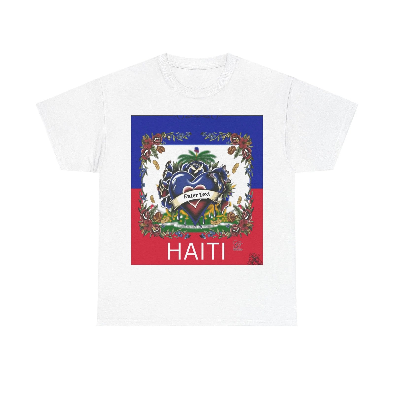 Haiti Flag Love Hearts and Roses Designer Unisex Heavy Cotton Tee by GT Artland