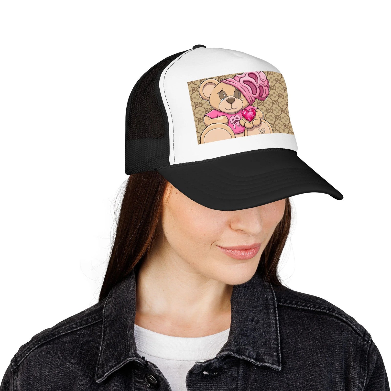 Pink Teddy Bear Heart Foam Trucker Hat | Cute Bear Patch by GT Artland