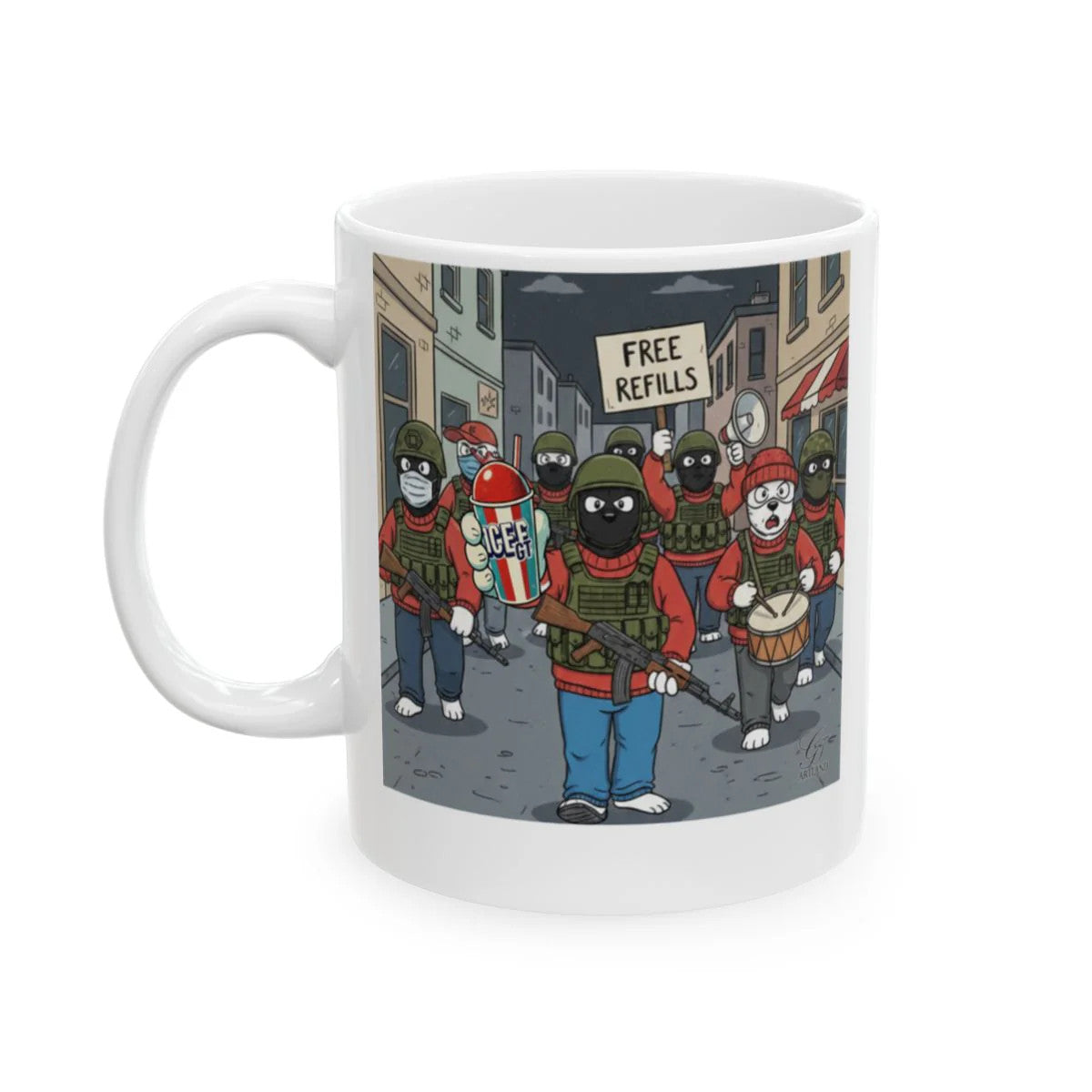 ICE Protest Free Refills Ceramic Mug, (11oz, 15oz) by GT Artland