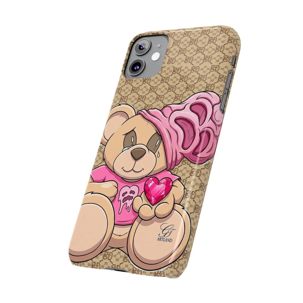 Pink Heart Teddy Bear Slim Phone Case | Designer Monogram Background by GT