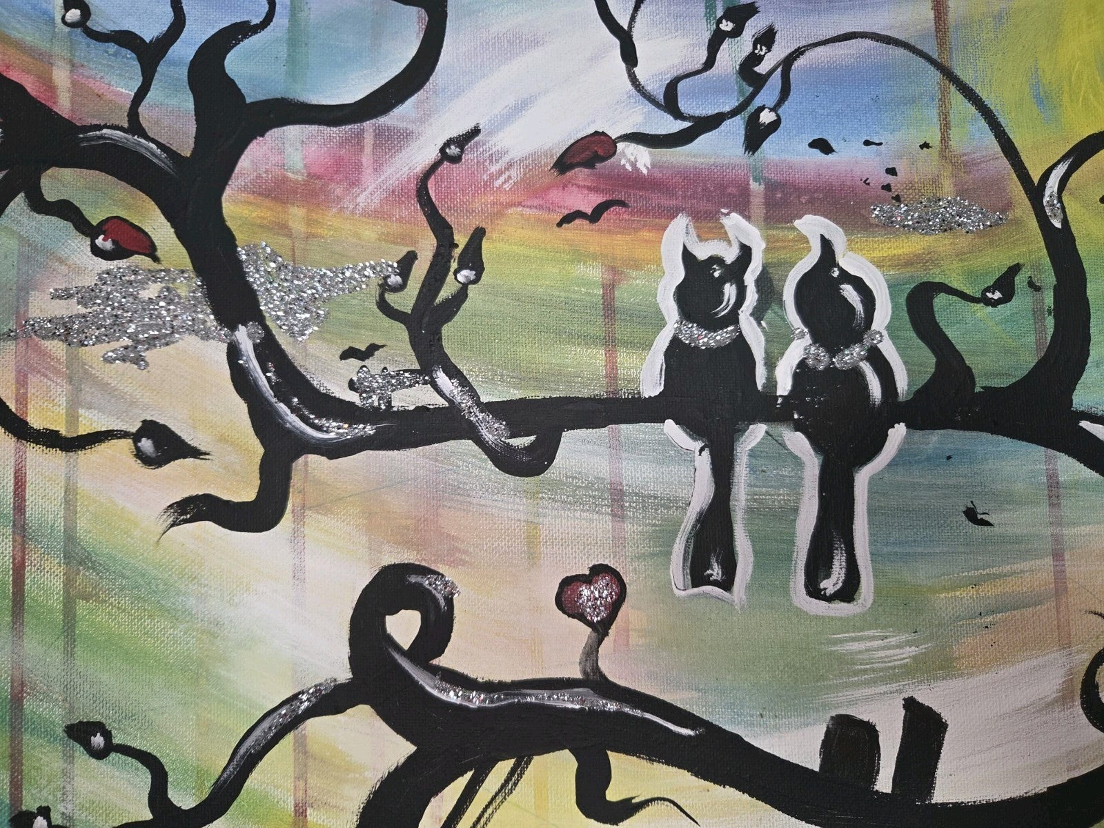 Bird LOVE COUPLE Painting URBAN STYLE RETRO   16 X 20 W Glitter Sparkle SIGNED