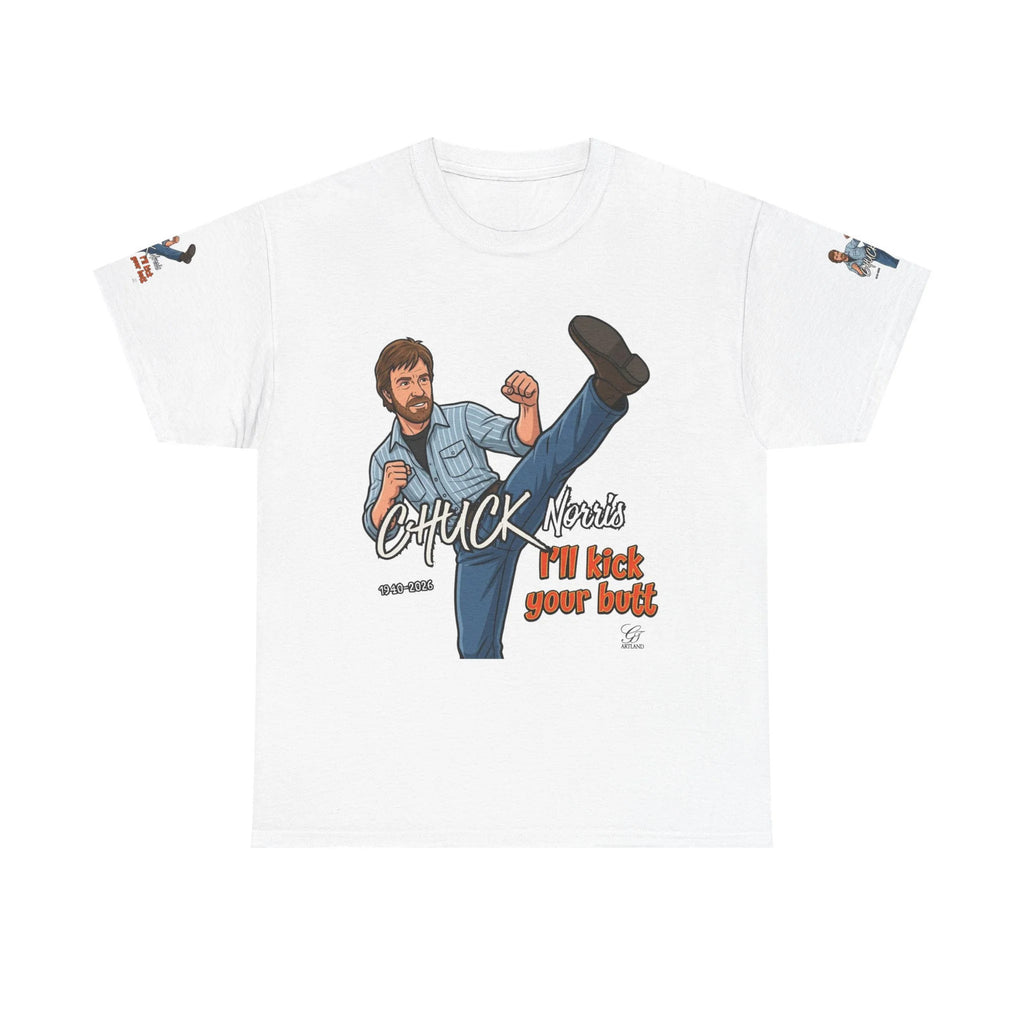 Chuck Norris kick illustration T-Shirt | I'll kick your butt slogan designer by