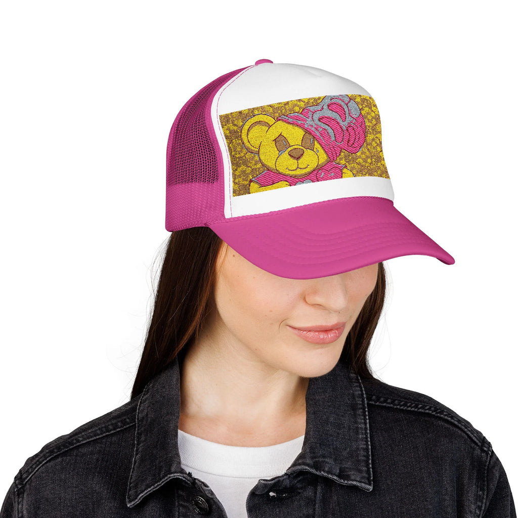 Yellow Teddy with Pink Beanie Trucker Hat | Sparkle Sequin Patch by GT Artland