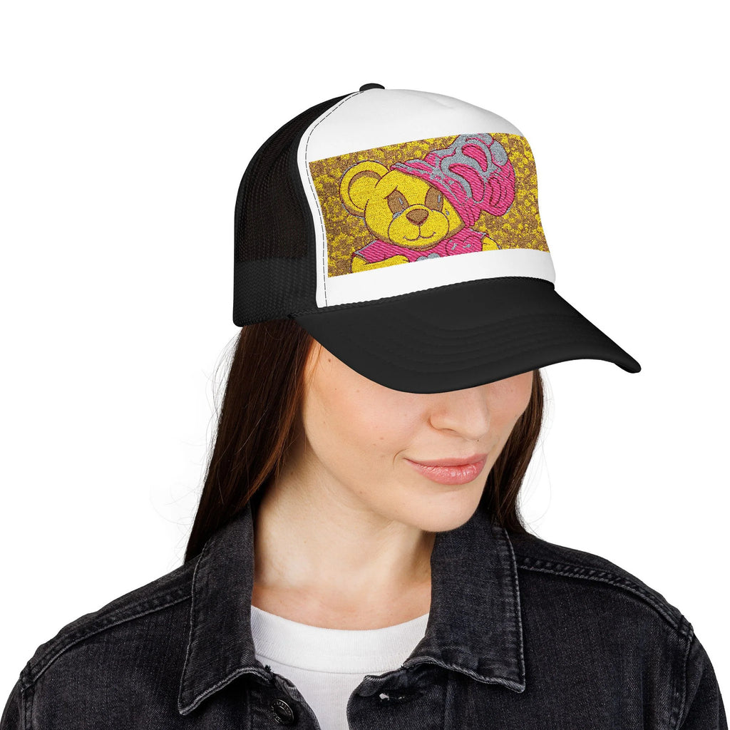 Yellow Teddy with Pink Beanie Trucker Hat | Sparkle Sequin Patch by GT Artland