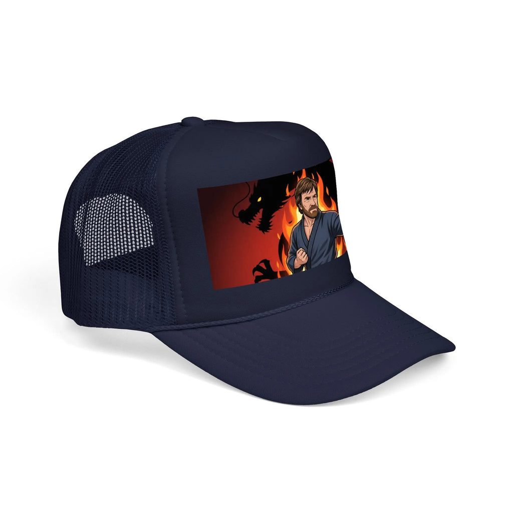 Martial Artist Chuck Norris Flames Foam Trucker Hat | Dragon Silhouette Panel