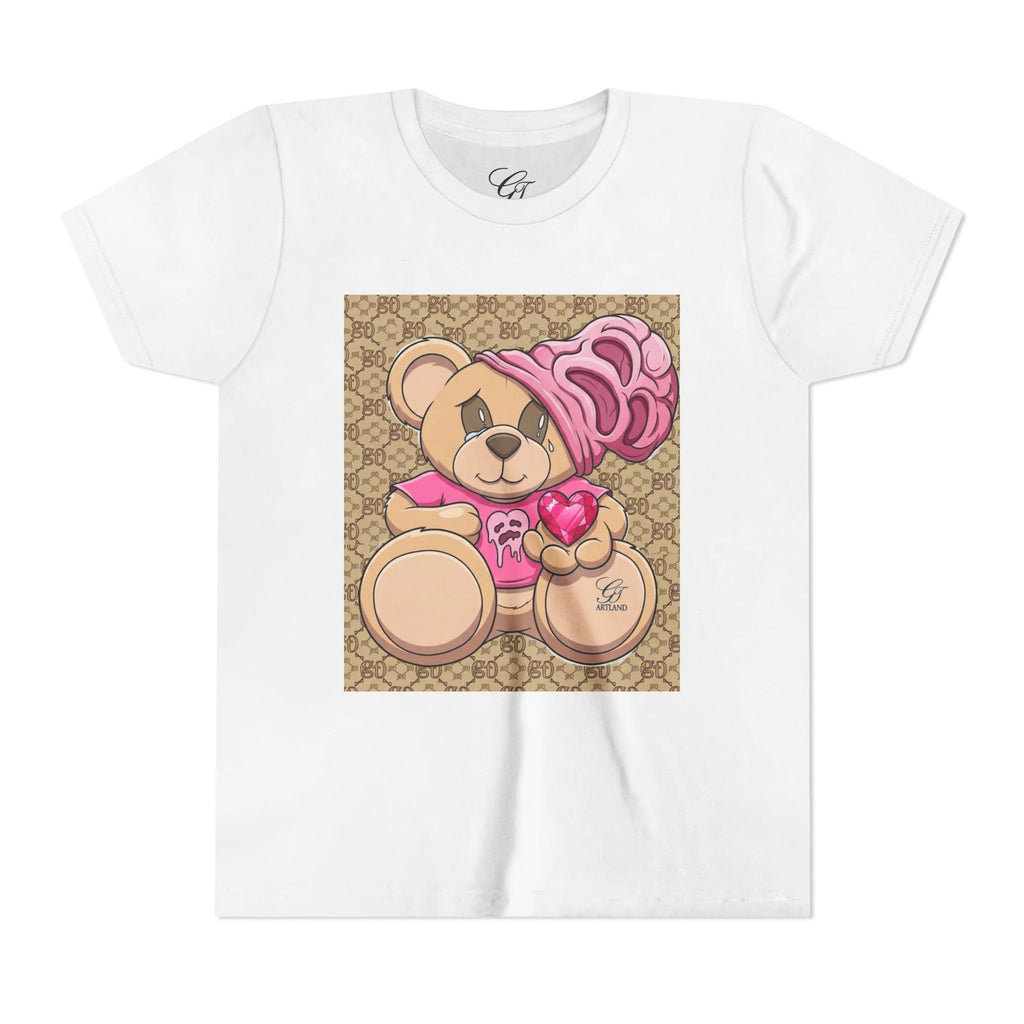 Pink Teddy Bear Holding Heart Youth Tee | Cute Bear Graphic by GT Artland