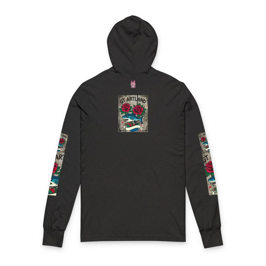 Rose Shark Tattoo Designer High Fashion Unisex Hooded Long Sleeve Tee by GT