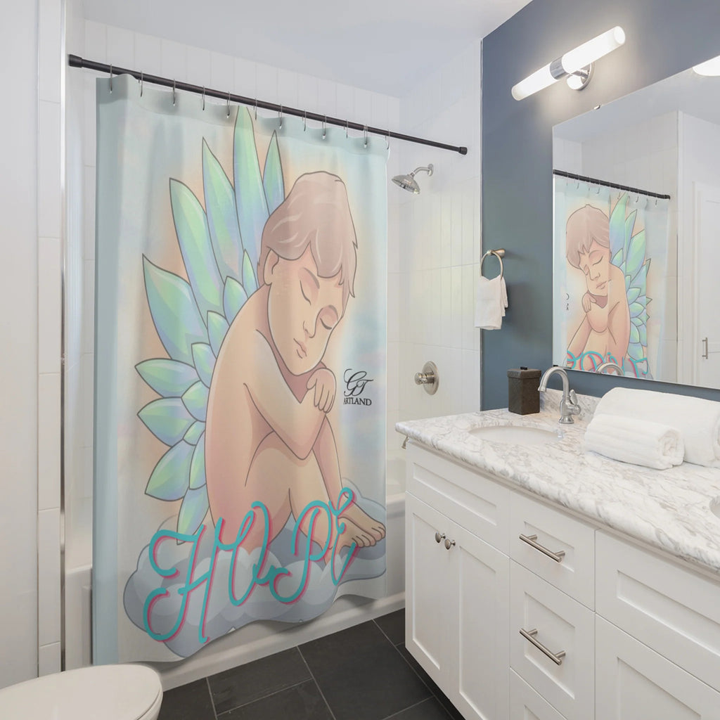 Sleeping Angel HOPE Shower Curtain | Pastel Wings Bathroom Decor by GT Artland