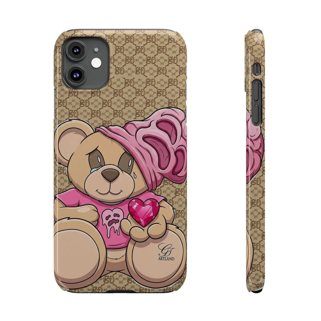Pink Heart Teddy Bear Slim Phone Case | Designer Monogram Background by GT