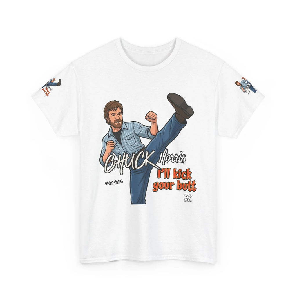 Chuck Norris kick illustration T-Shirt | I'll kick your butt slogan designer by