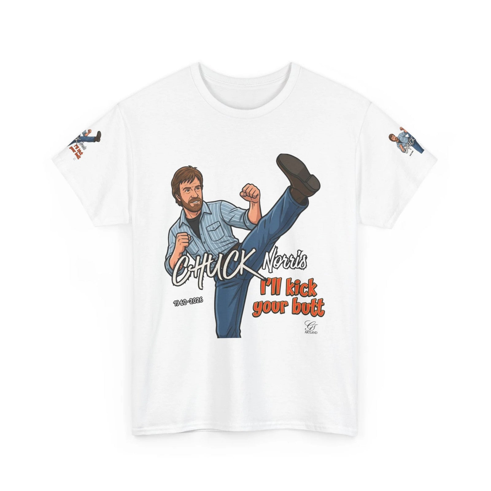 Chuck Norris kick illustration T-Shirt | I'll kick your butt slogan designer by