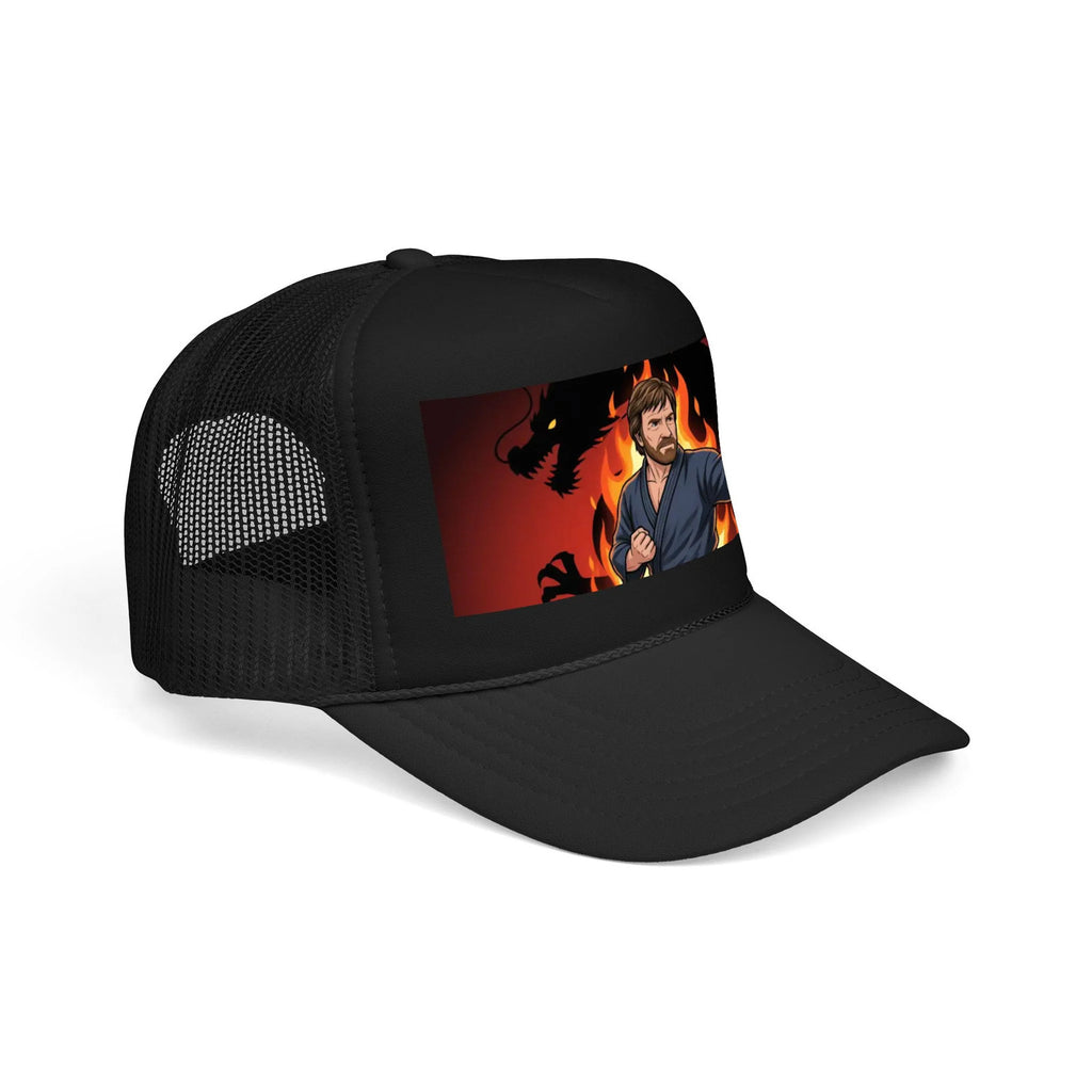 Martial Artist Chuck Norris Flames Foam Trucker Hat | Dragon Silhouette Panel