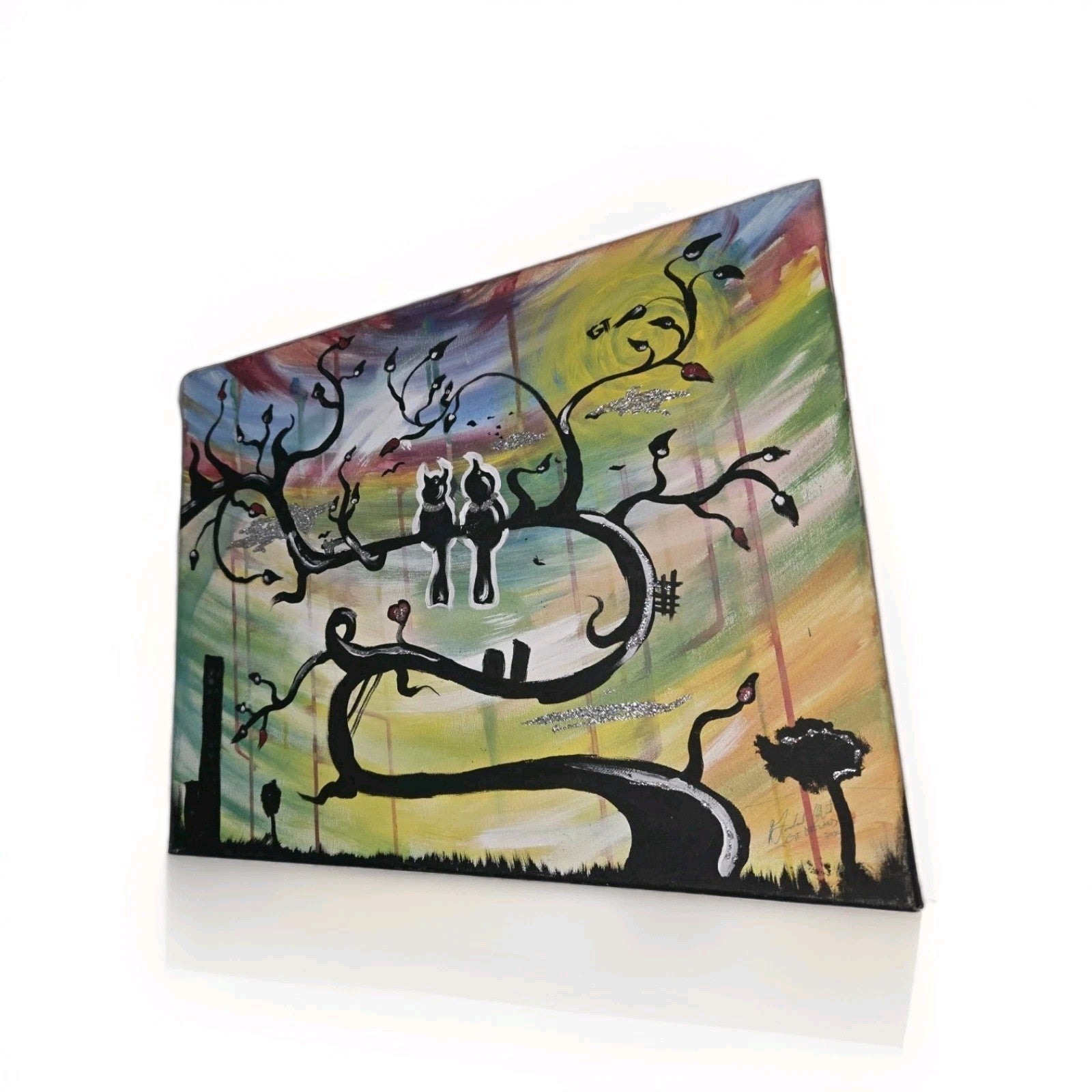 Bird LOVE COUPLE Painting URBAN STYLE RETRO   16 X 20 W Glitter Sparkle SIGNED