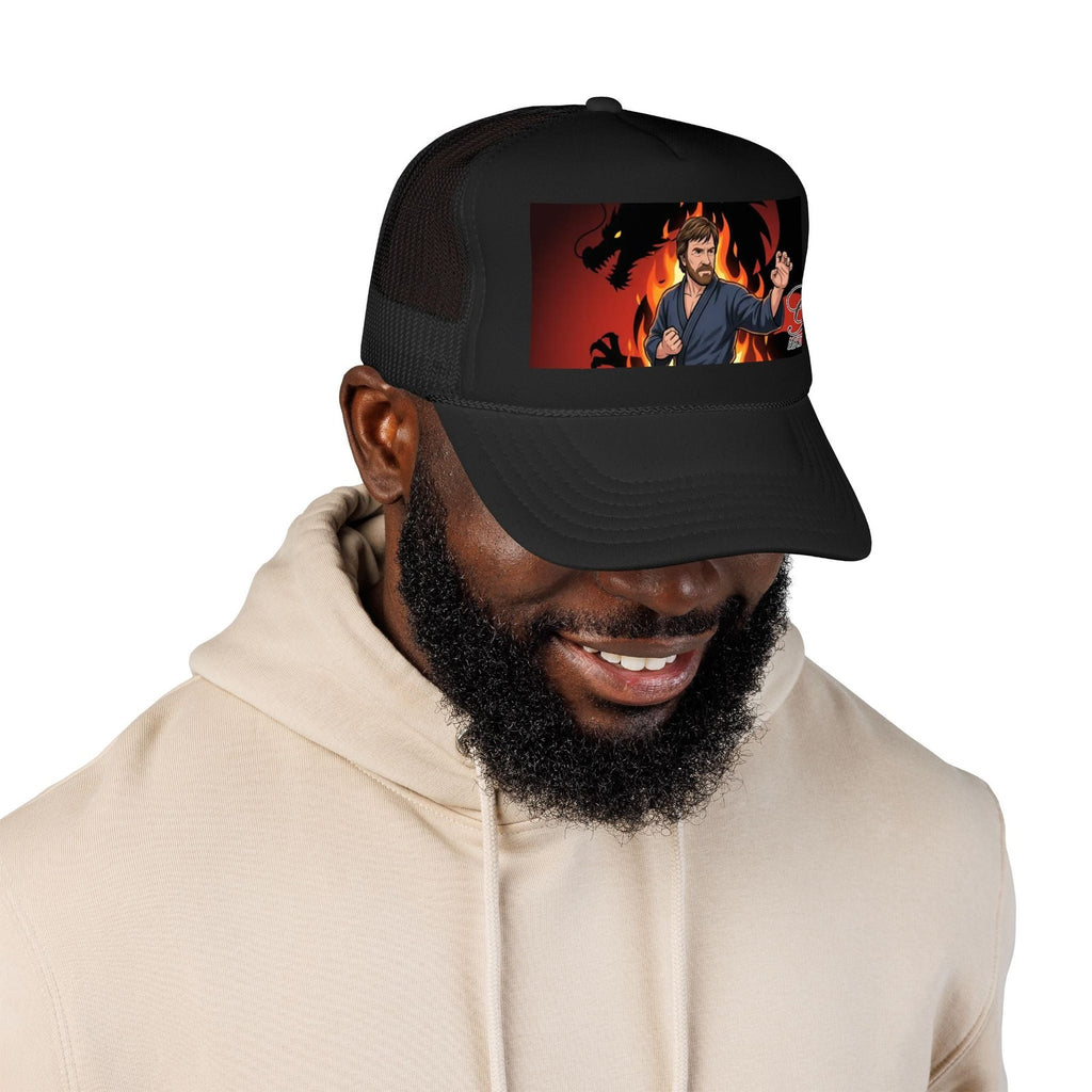 Martial Artist Chuck Norris Flames Foam Trucker Hat | Dragon Silhouette Panel
